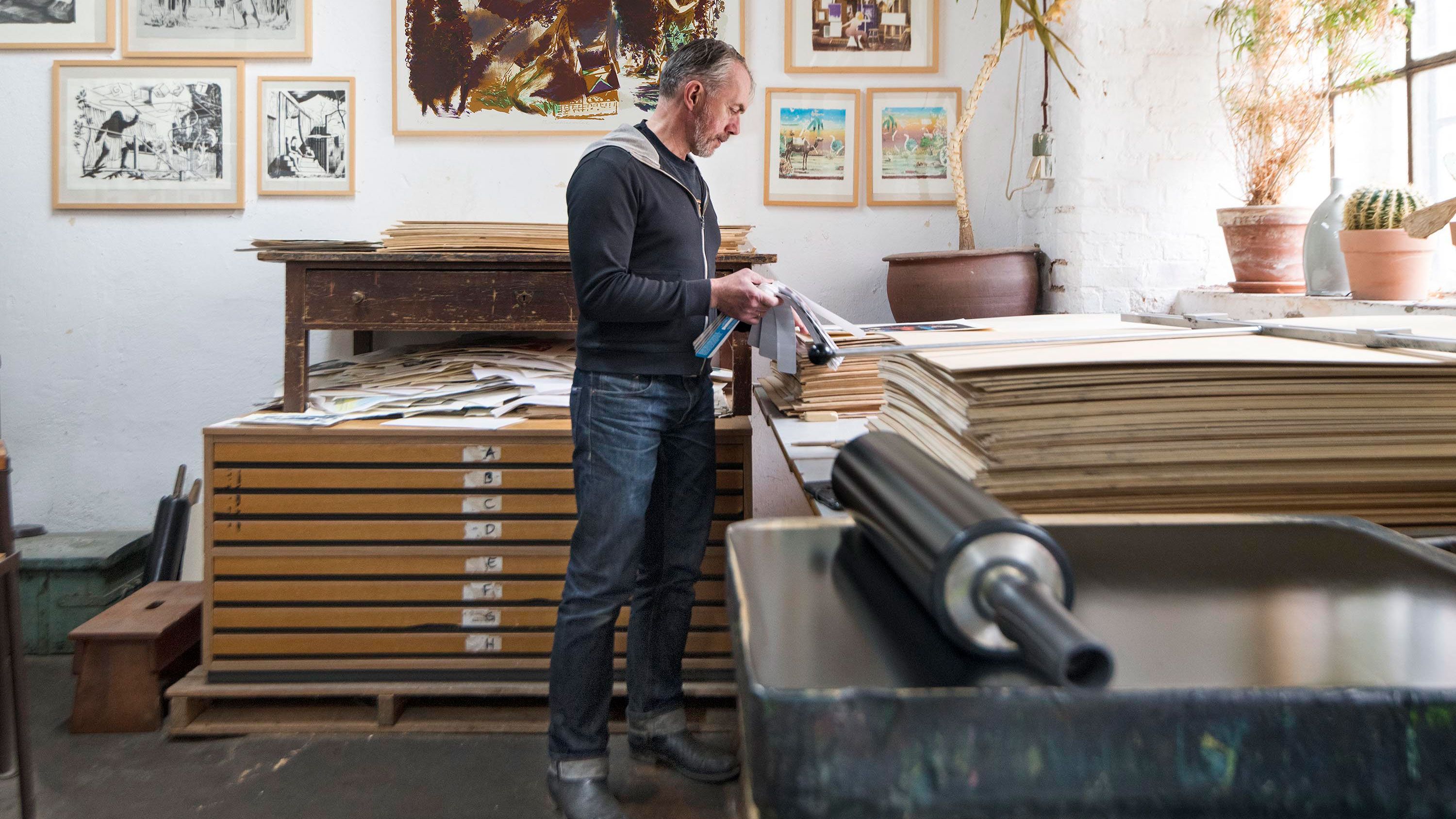 Neo Rauch in his lithography studio, in 2019