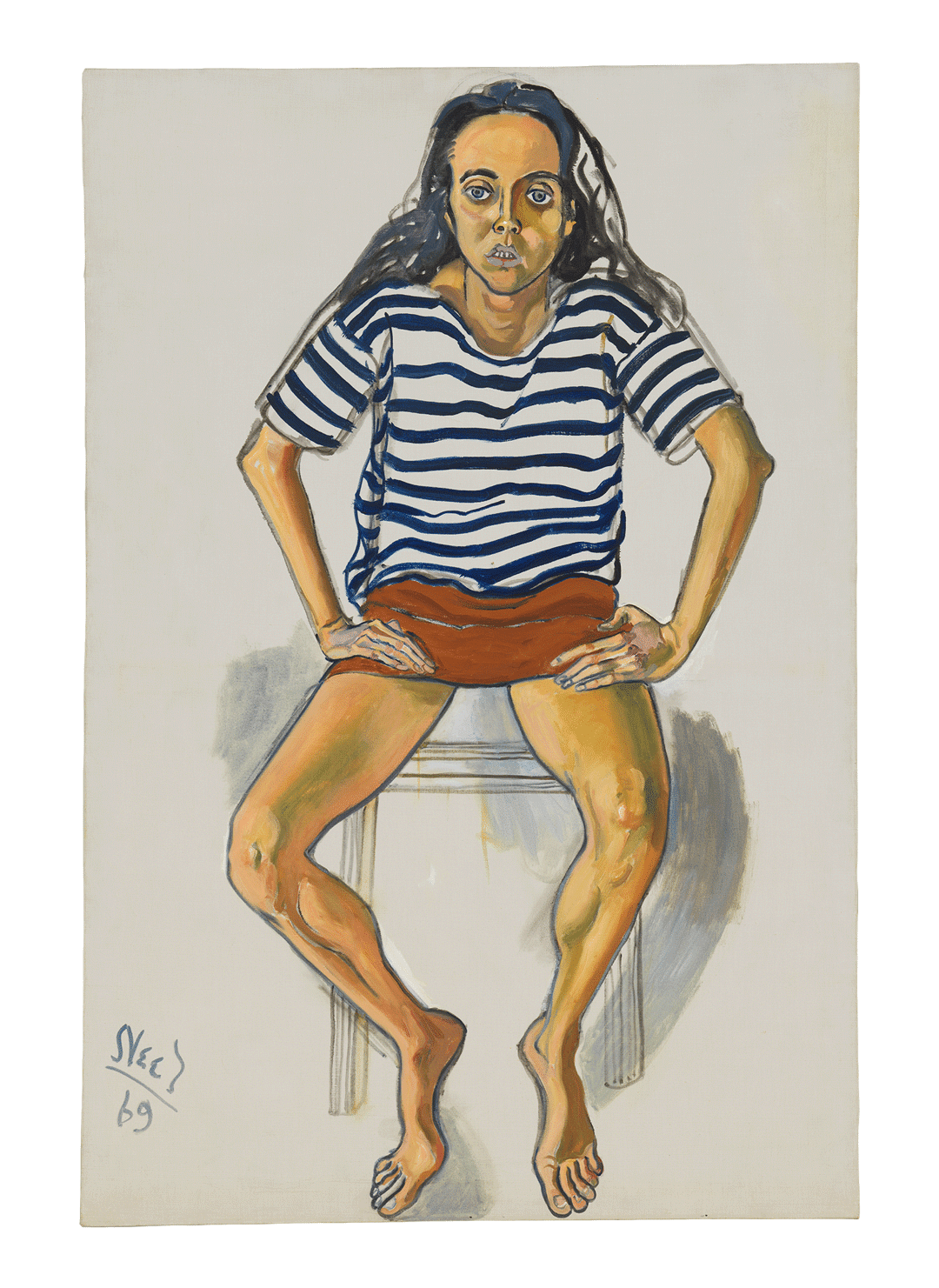 A painting by Alice Neel, titled Ginny in Striped Shirt, dated 1969.