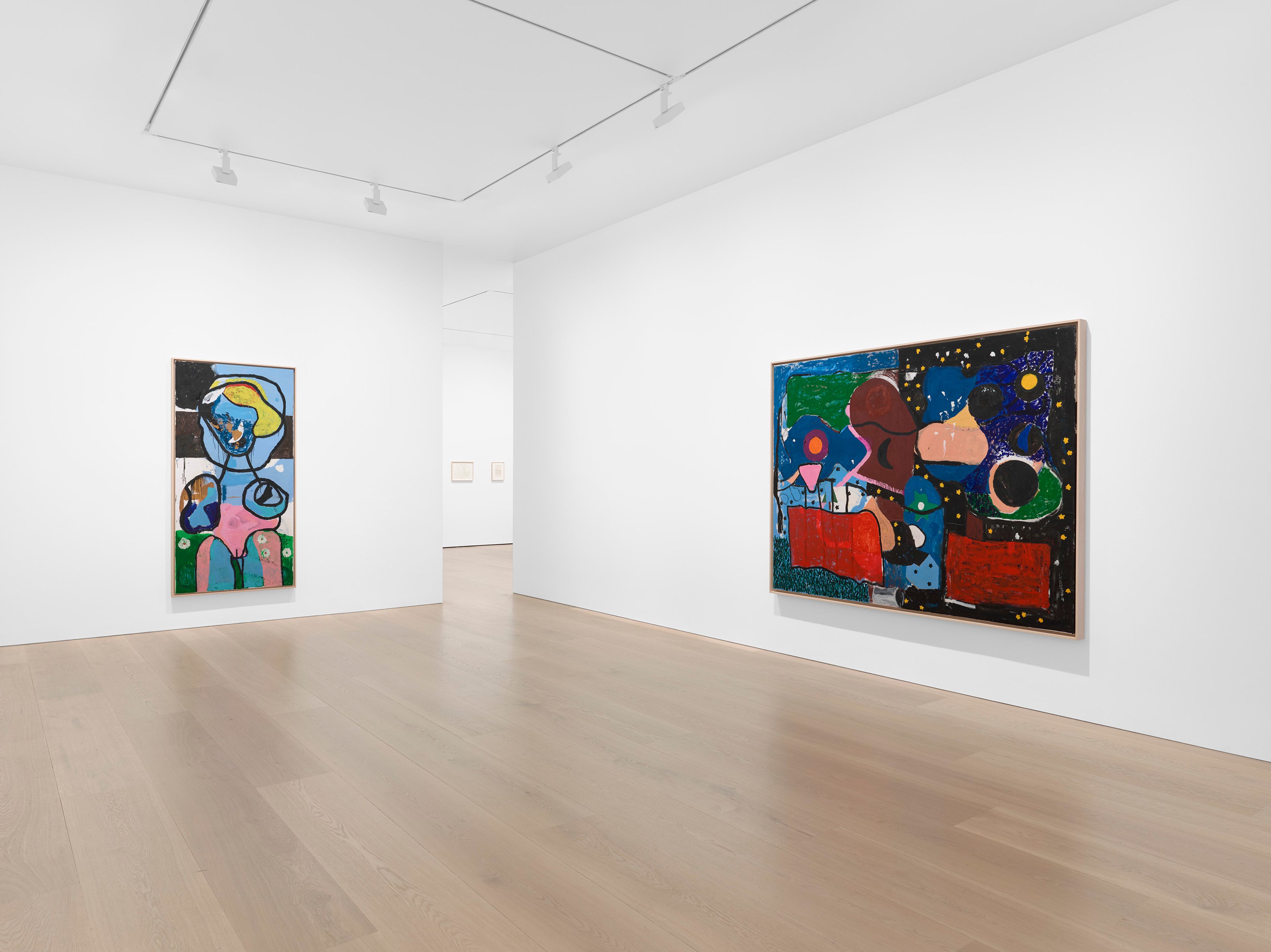 An installation view of the exhibition, Joe Bradley: Animal Family, at David Zwirner in London, dated 2025.