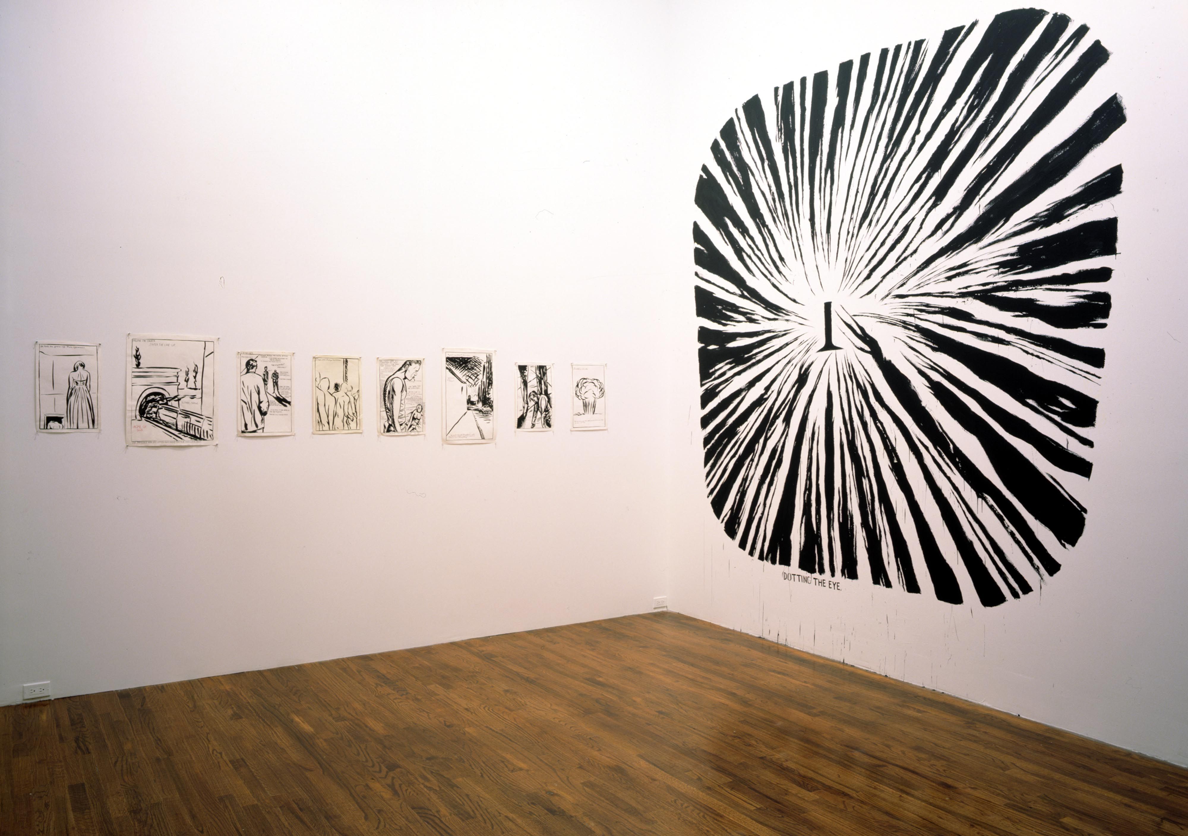 An installation view of the exhibition Raymond Pettibon: Drawings and Wall Drawings, at David Zwirner New York, dated 1995.