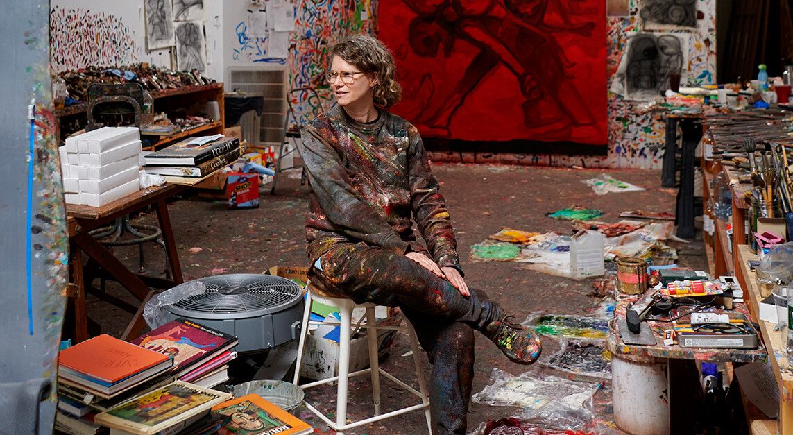 Dana Schutz in her studio, 2021. Photo by Jason Schmidt.