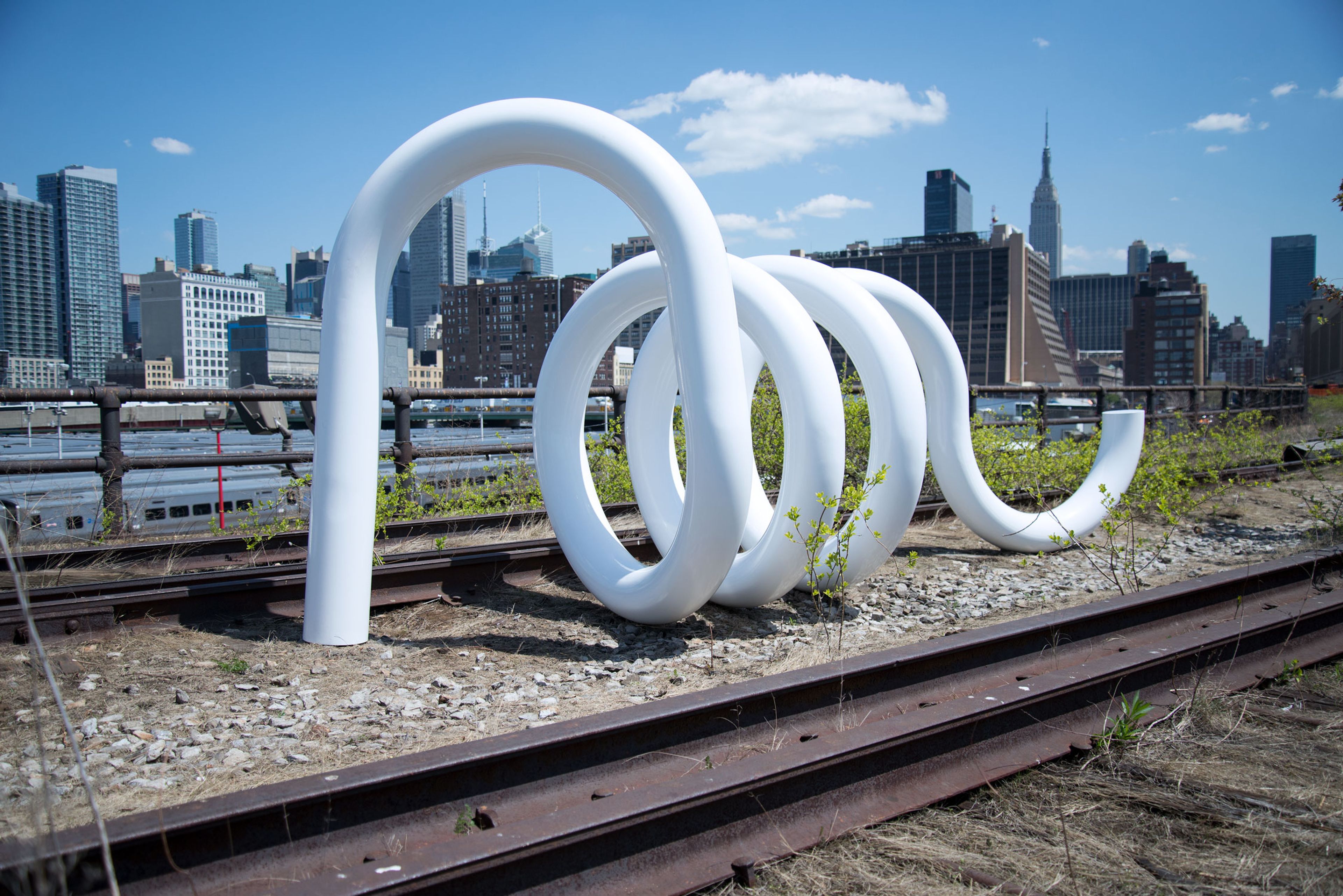 Installation view of the exhibition, Carol Bove: Caterpillar, on The High Line at the Rail Yards in New York, dated 2013 to 2014.