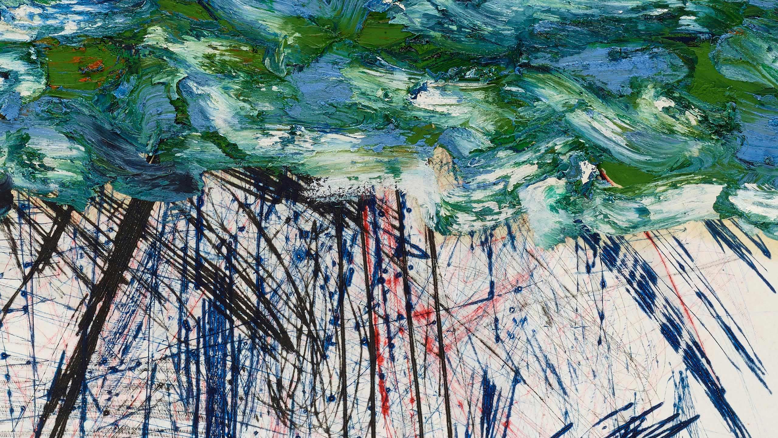 A detail of a painting by Oscar Murillo, titled surge (poetics of flight), dated 2021