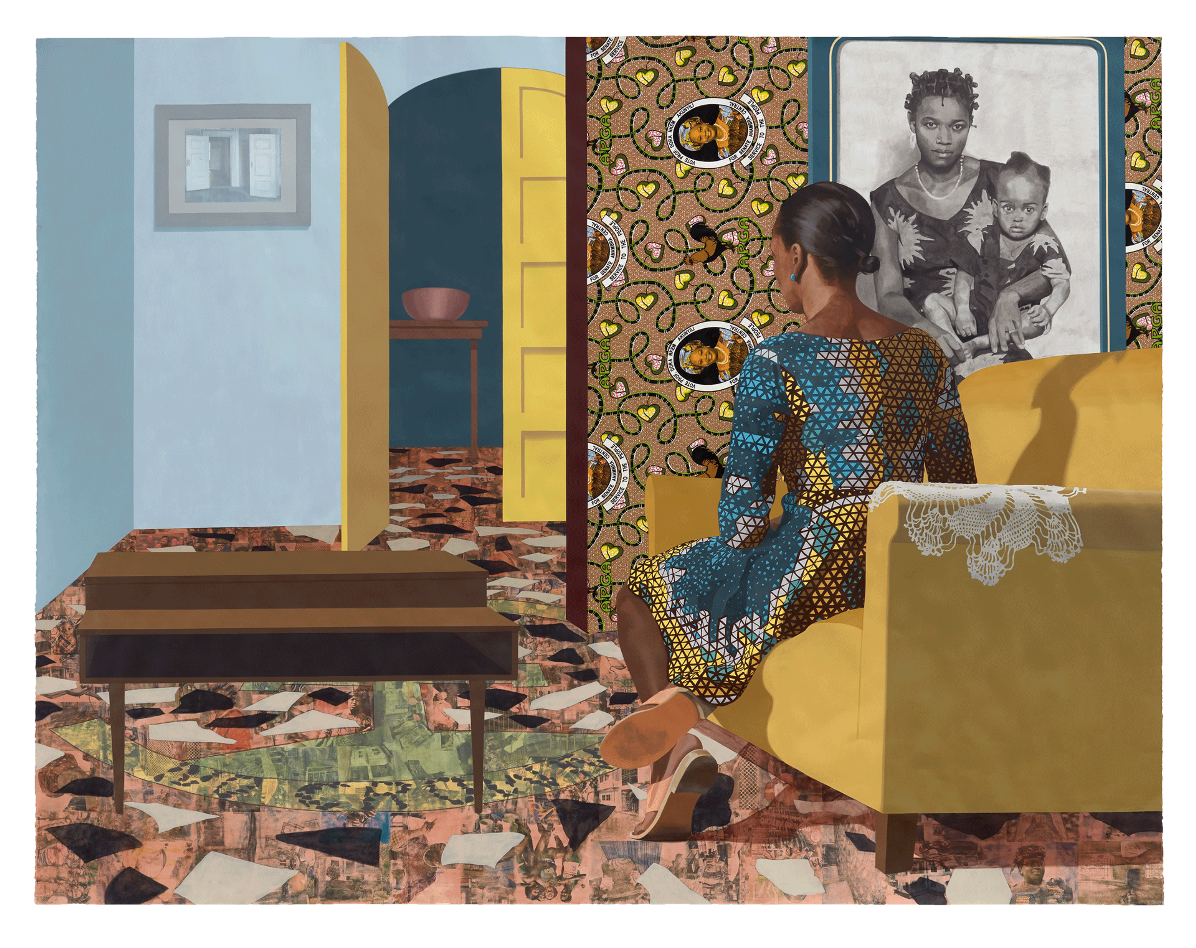 A painting by Njideka Akunyili Crosby titled Mother and Child, dated 2016.