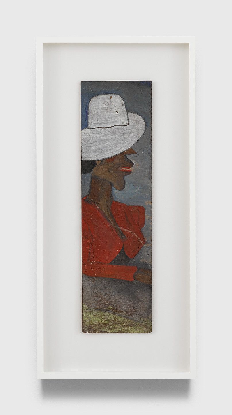 An oil painting on laminated wood panel by Frank Walter, titled Untitled (Lady with a white hat).