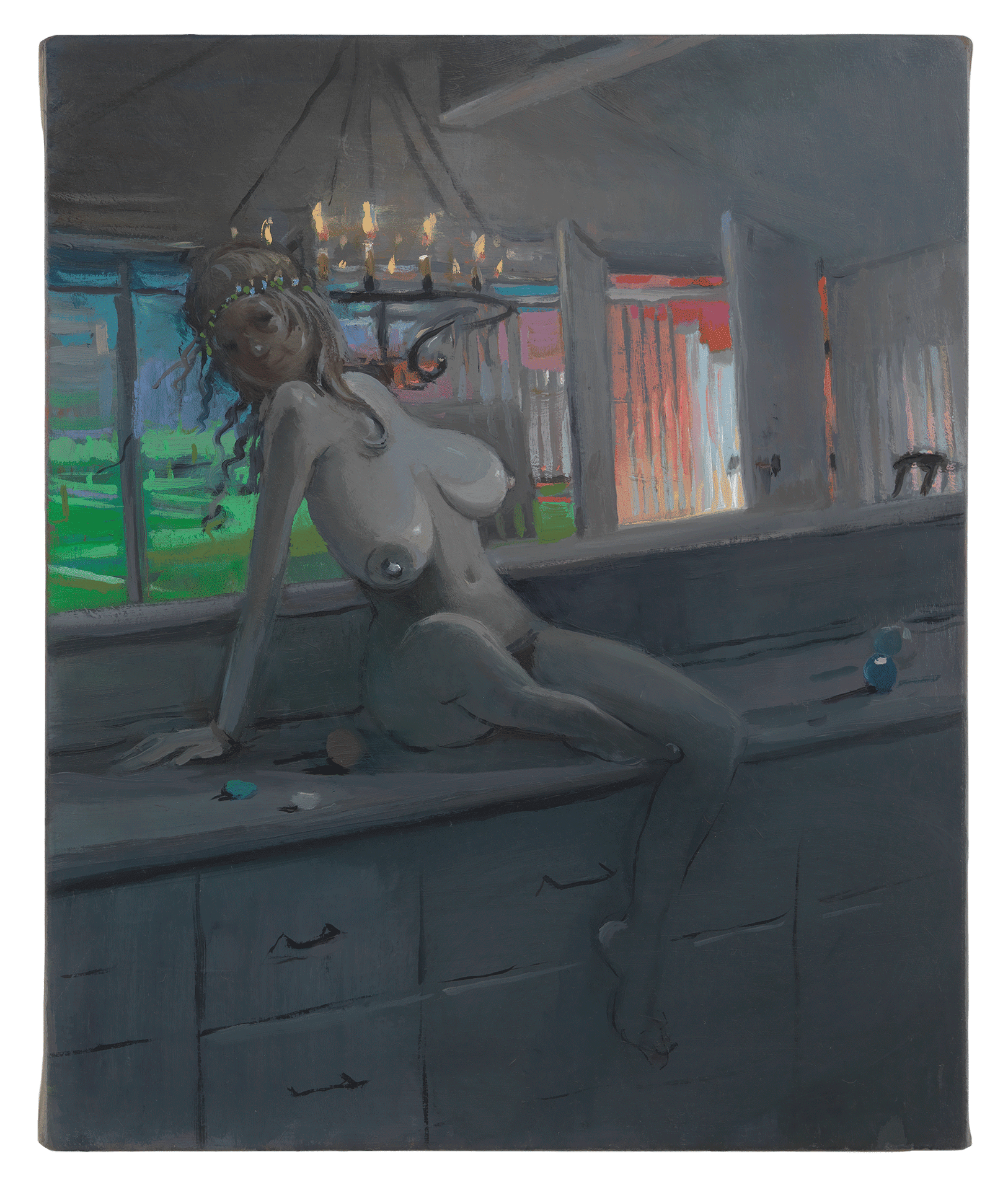 A painting by Lisa Yuskavage, titled Around the House, dated 2015.