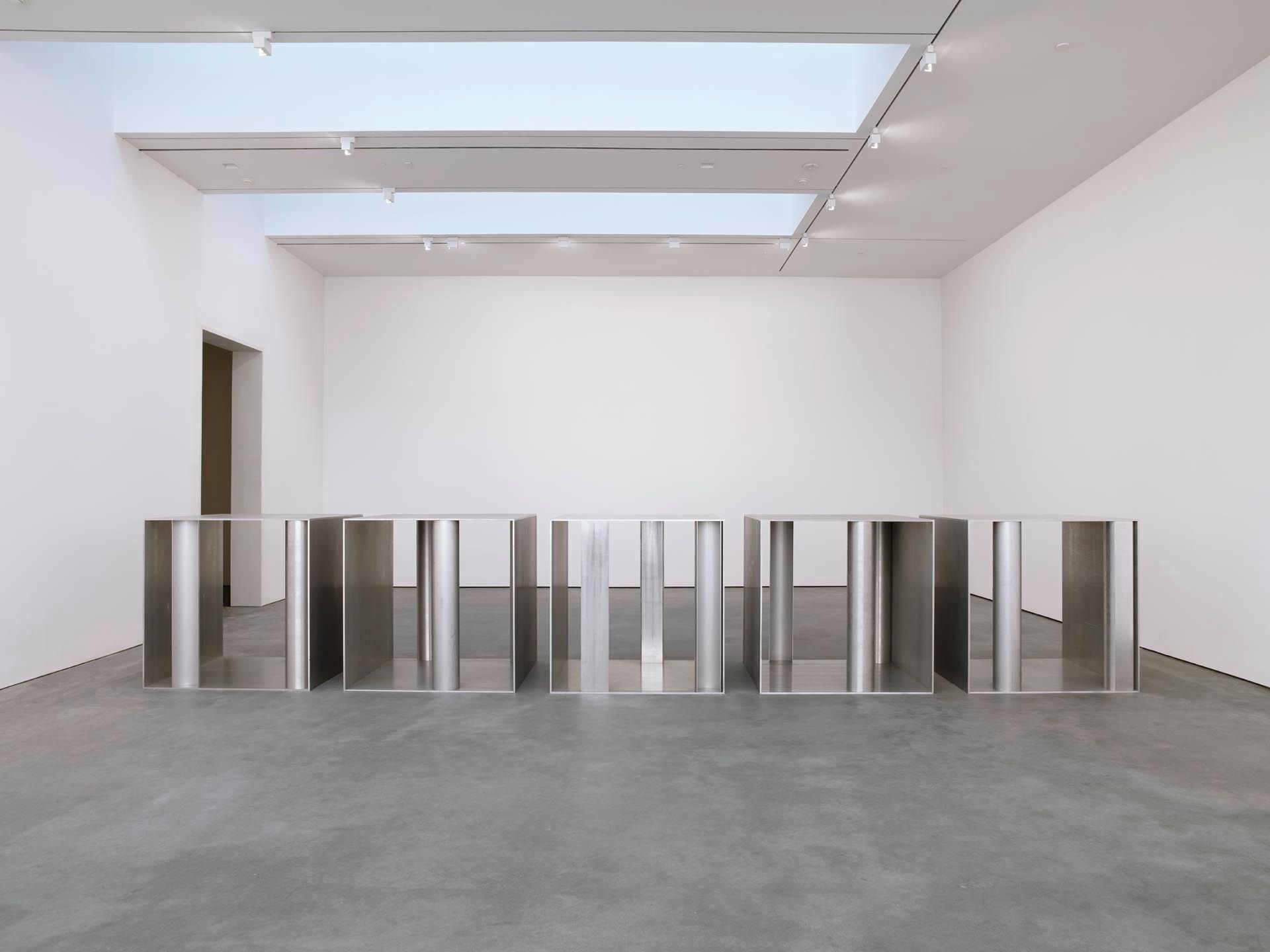 An untitled five unit sculpture by Donald Judd, dated 1991.