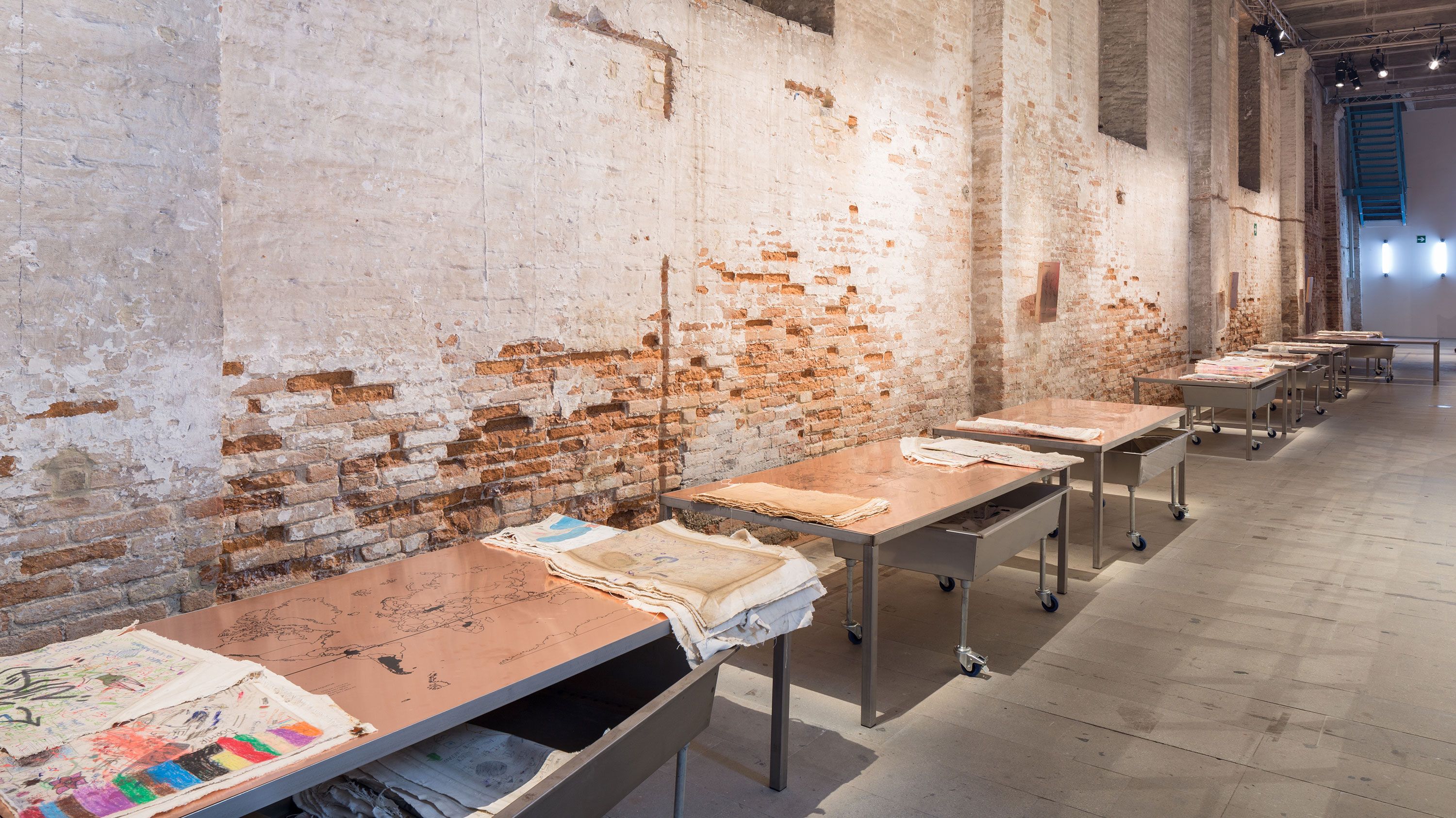 Installation view of Oscar Murillo’s presentation at the 56th Venice Biennale, 2015