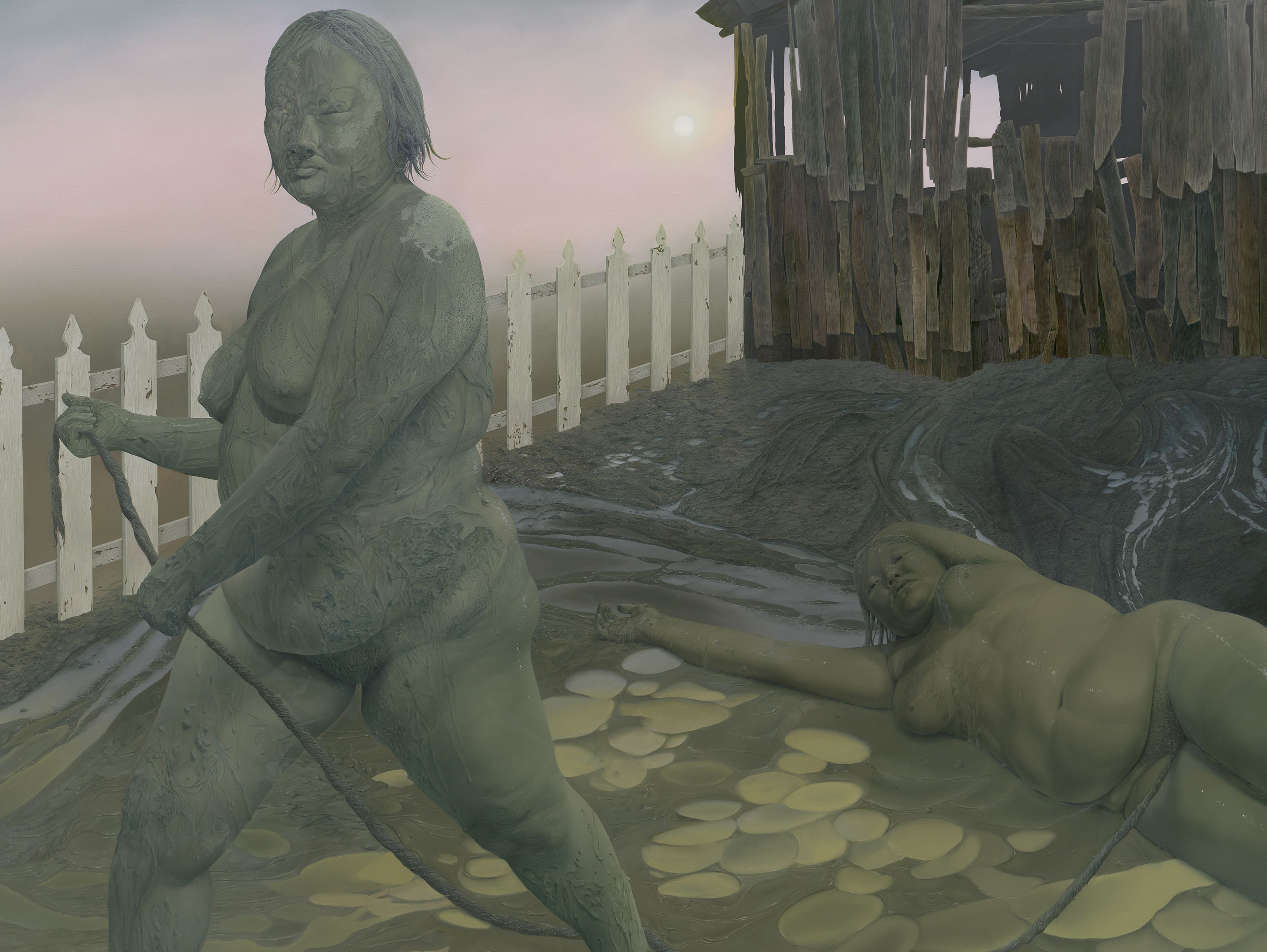 A detail from a painting by Sasha Gordon, titled Petrified, dated 2025.