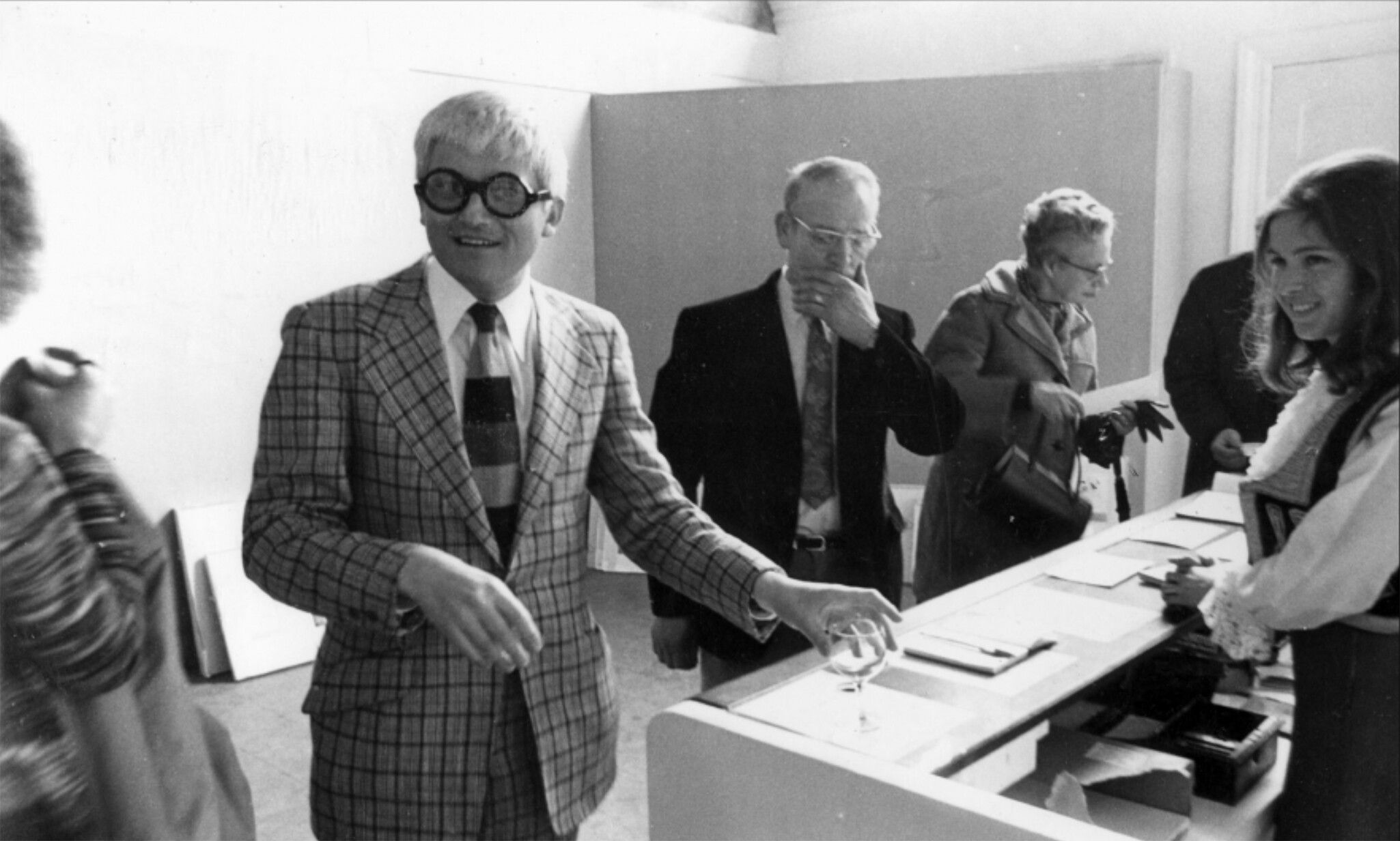 David Hockney at the opening of the exhibition David Hockney: Paintings, Prints and Drawings, 1960–1970, at Whitechapel Gallery in London, dated 1970