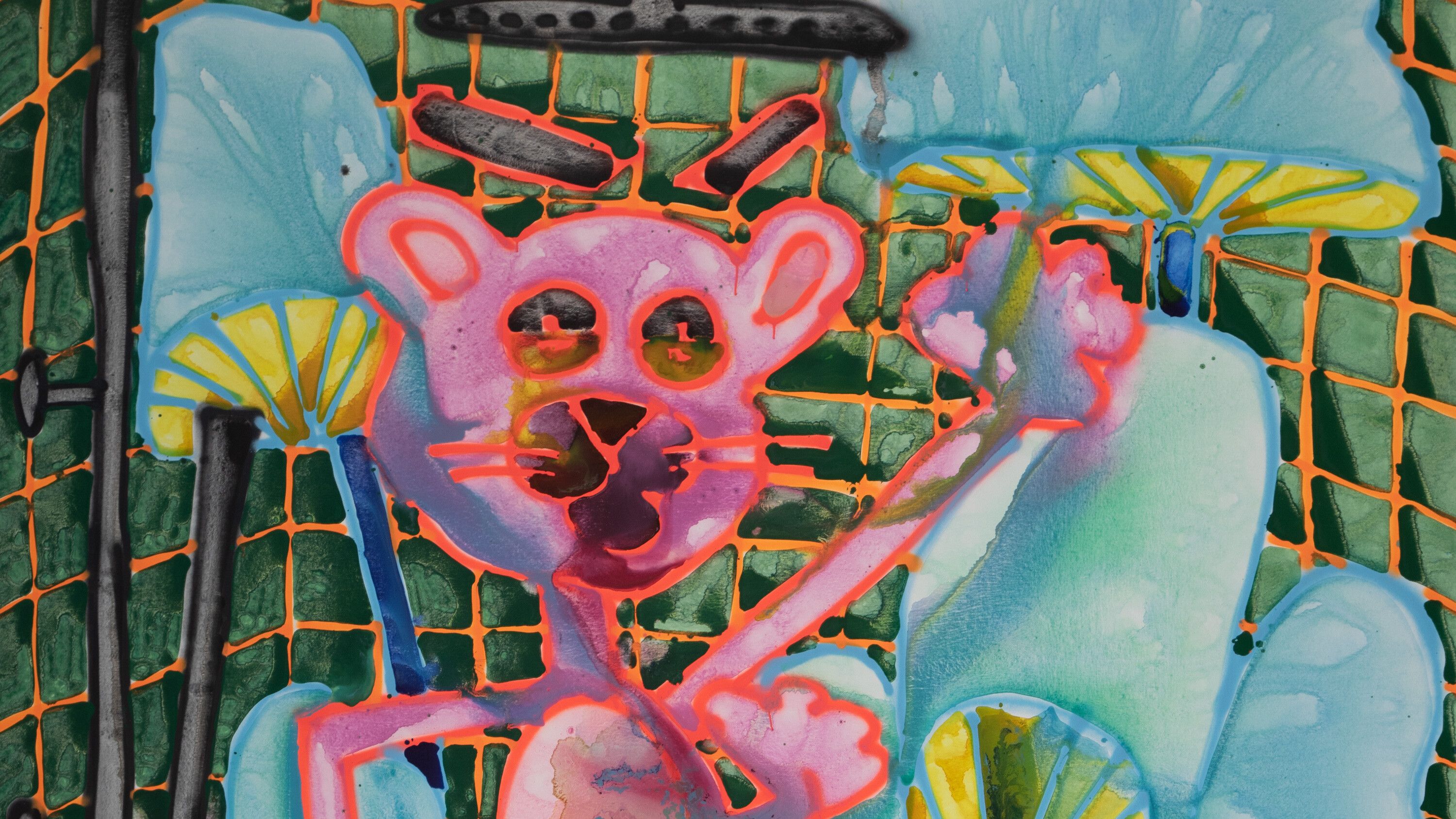 A detail of a painting by Katherine Bernhardt titled Fungi Bathing, dated 2022