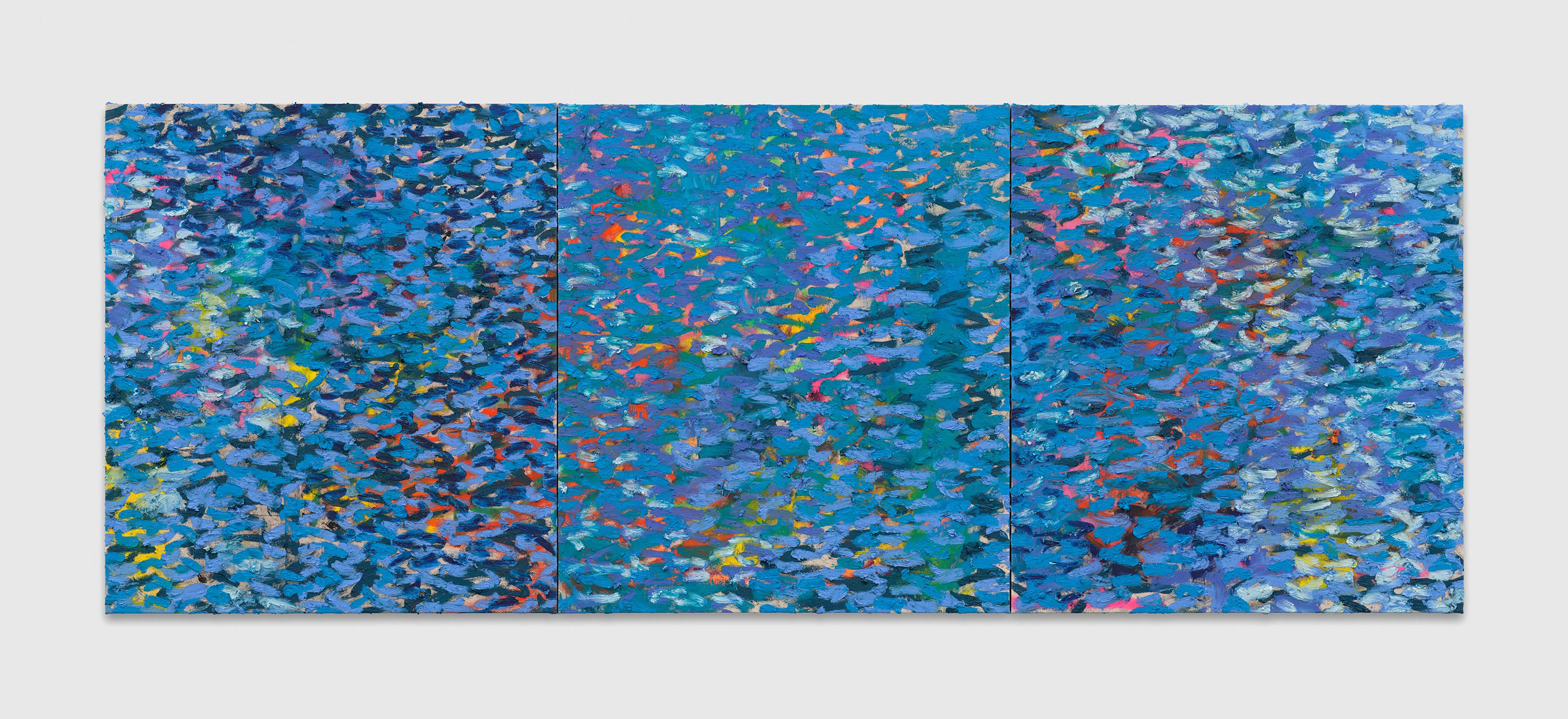 A 3-part painting by Oscar Murillo, titled surge (social cataracts), dated 2025.