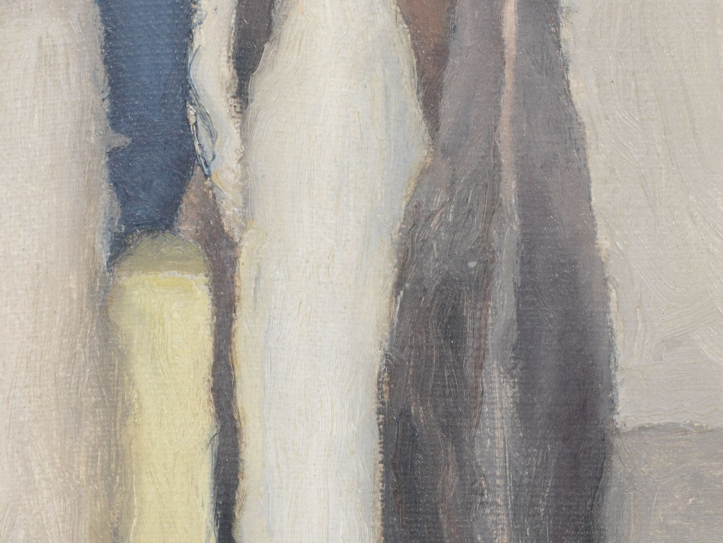 Detail view of an oil painting on canvas by Giorgio Morandi, titled Natura morta (Still Life), dated 1957.