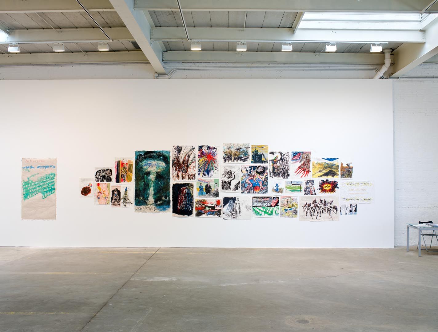 Installation view of the exhibition Raymond Pettibon: Here's Your Irony Back (The Big Picture), at David Zwirner in New York, dated 2007. 