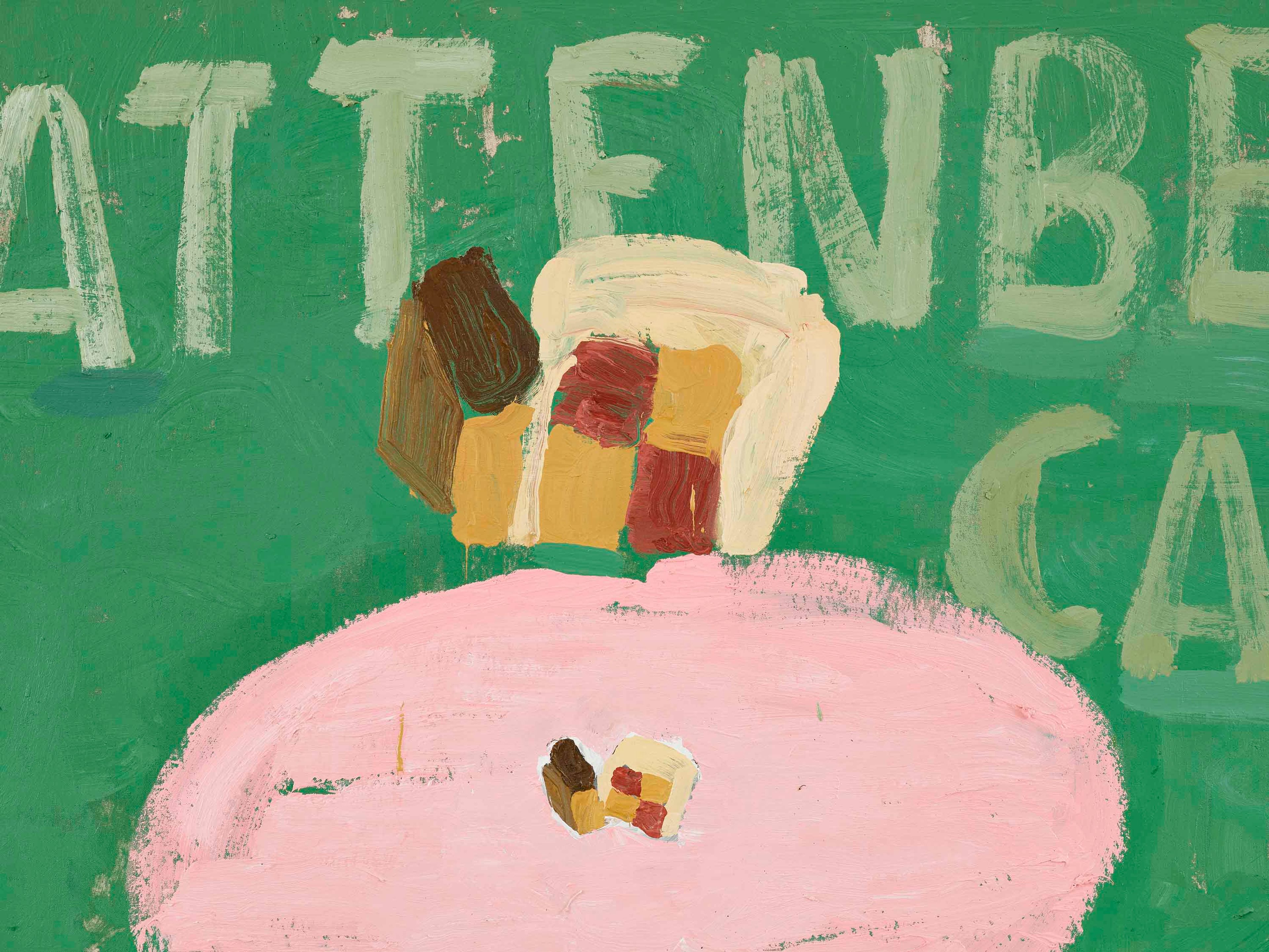 A detail from a painting by Rose Wylie, titled 2 Pedestal Tables & cake, dated 2023.