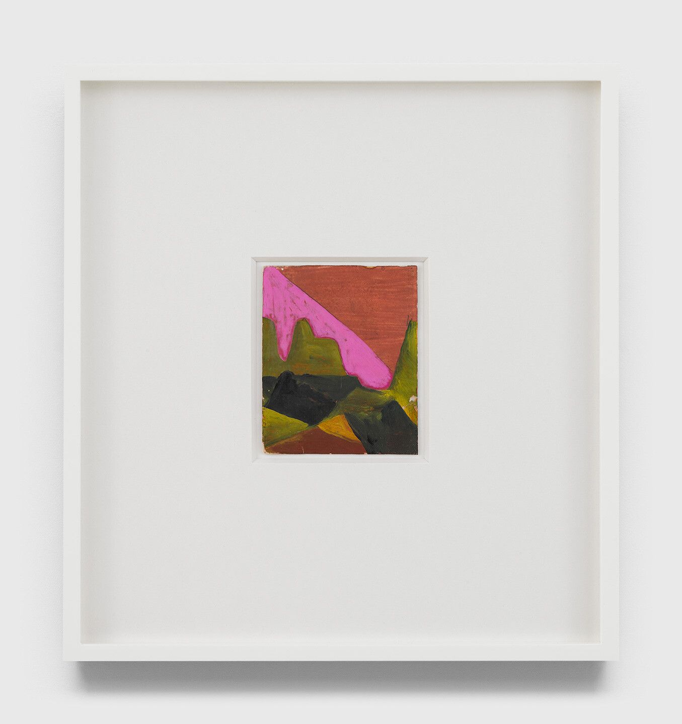 An undated oil painting on Polaroid film cartridge box by Frank Walter, called Untitled (Abstract landscape with hot pink and brick red rainbow).
