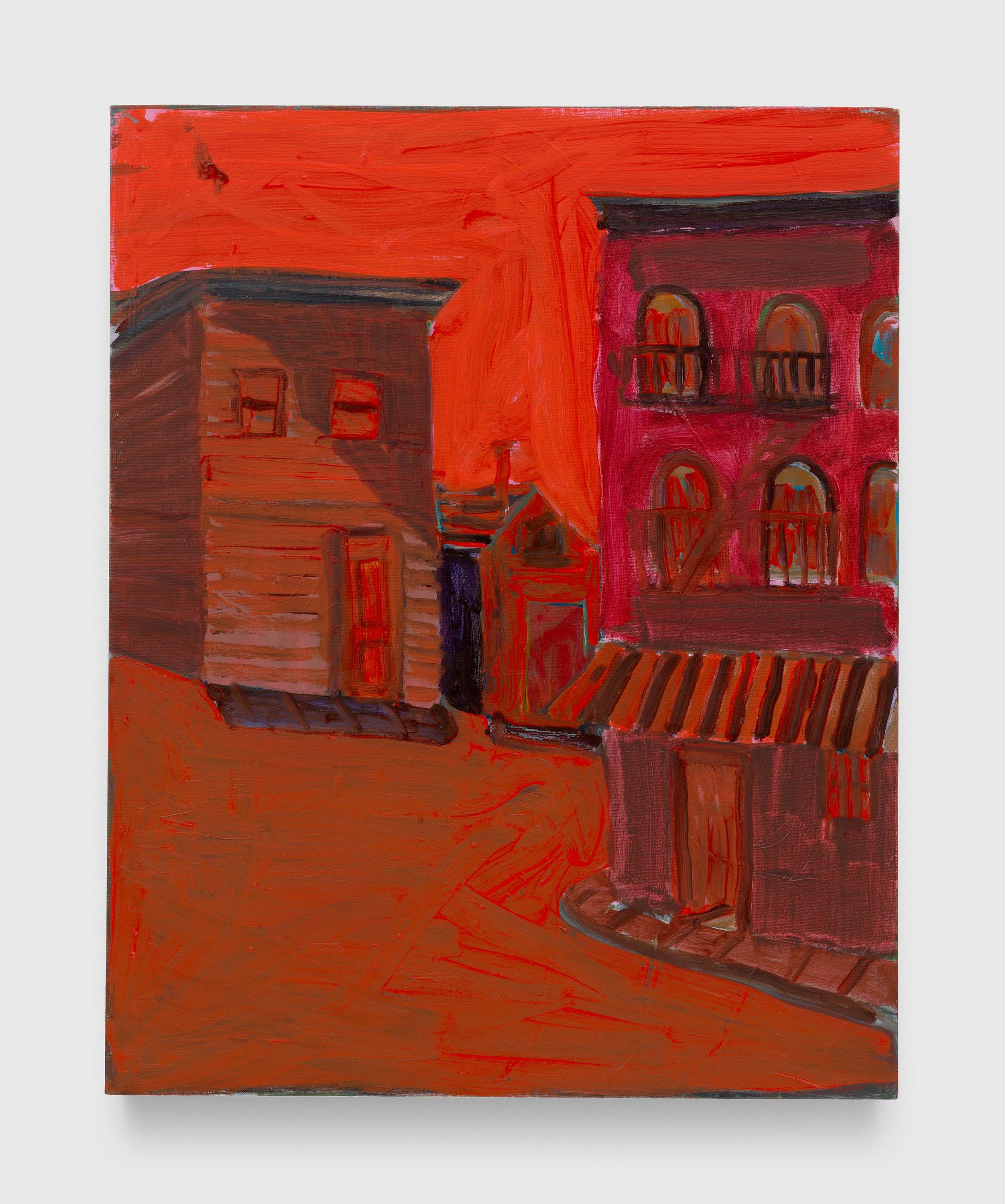 A painting by Josh Smith, titled Red Cityscape, dated 2023.
