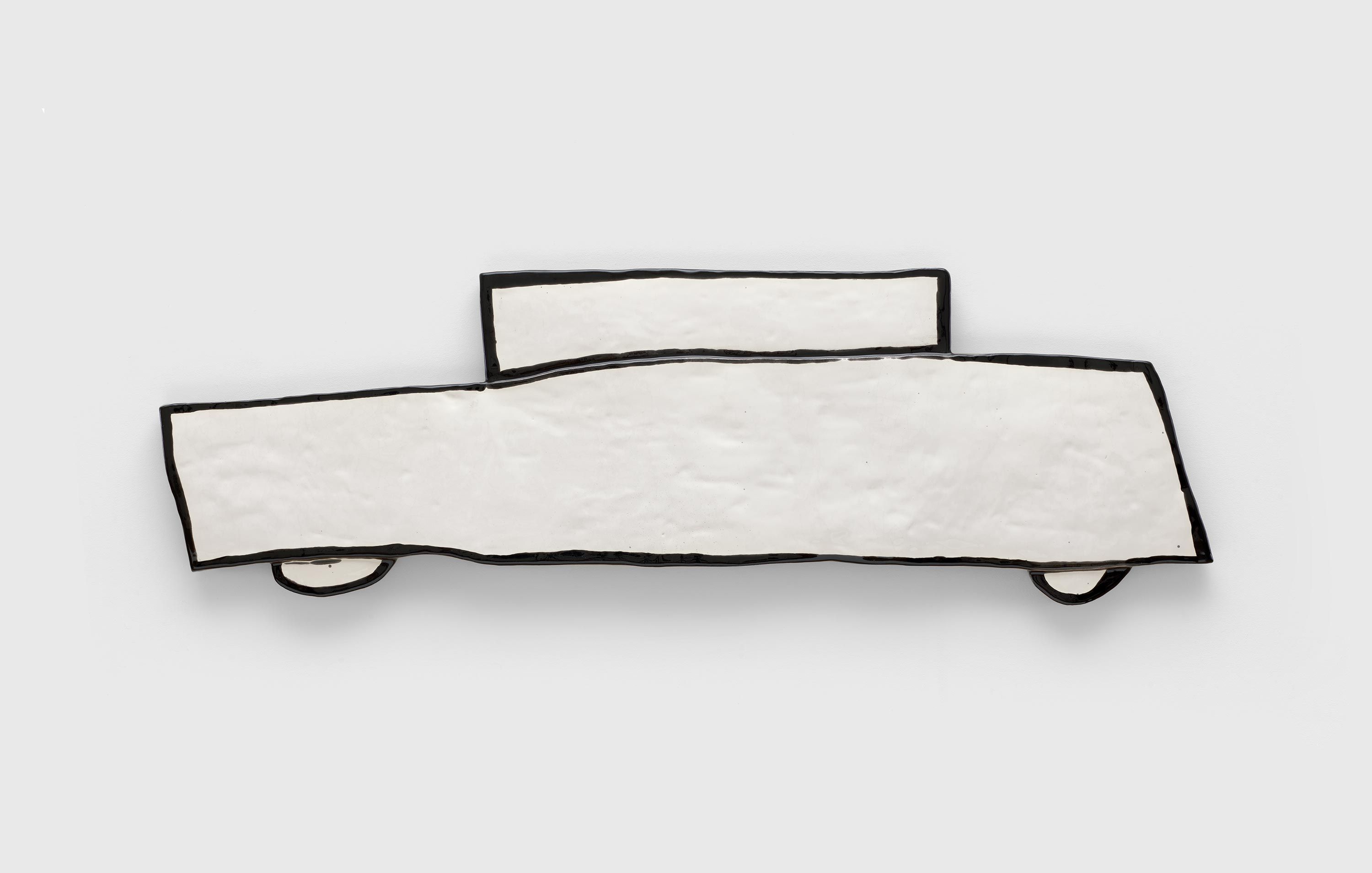 A glazed ceramic by Rose Wylie, titled White Car, dated 2021.