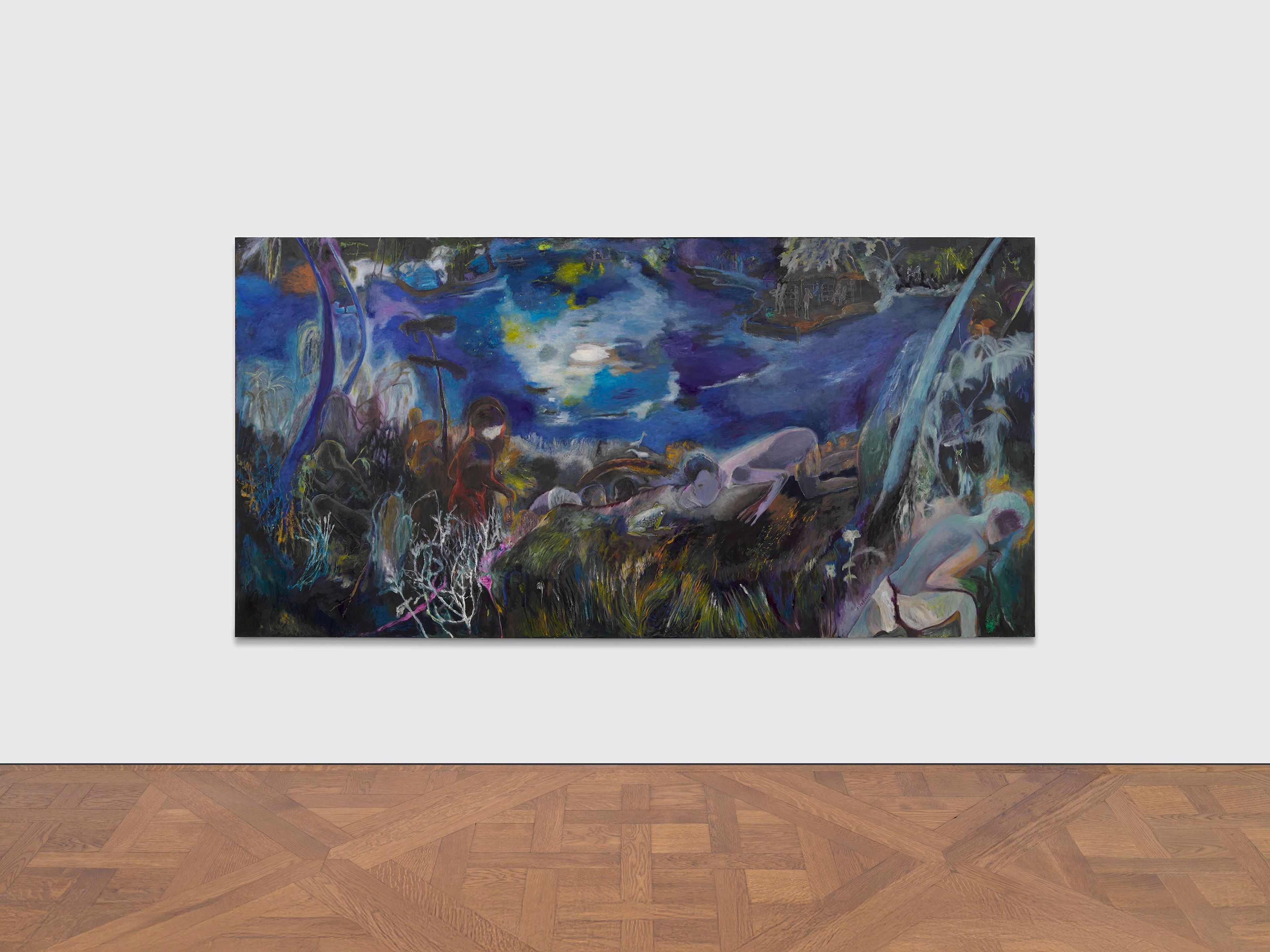 A painting by Sosa Joseph, titled Devil’s hour, by the river, dated 2025.