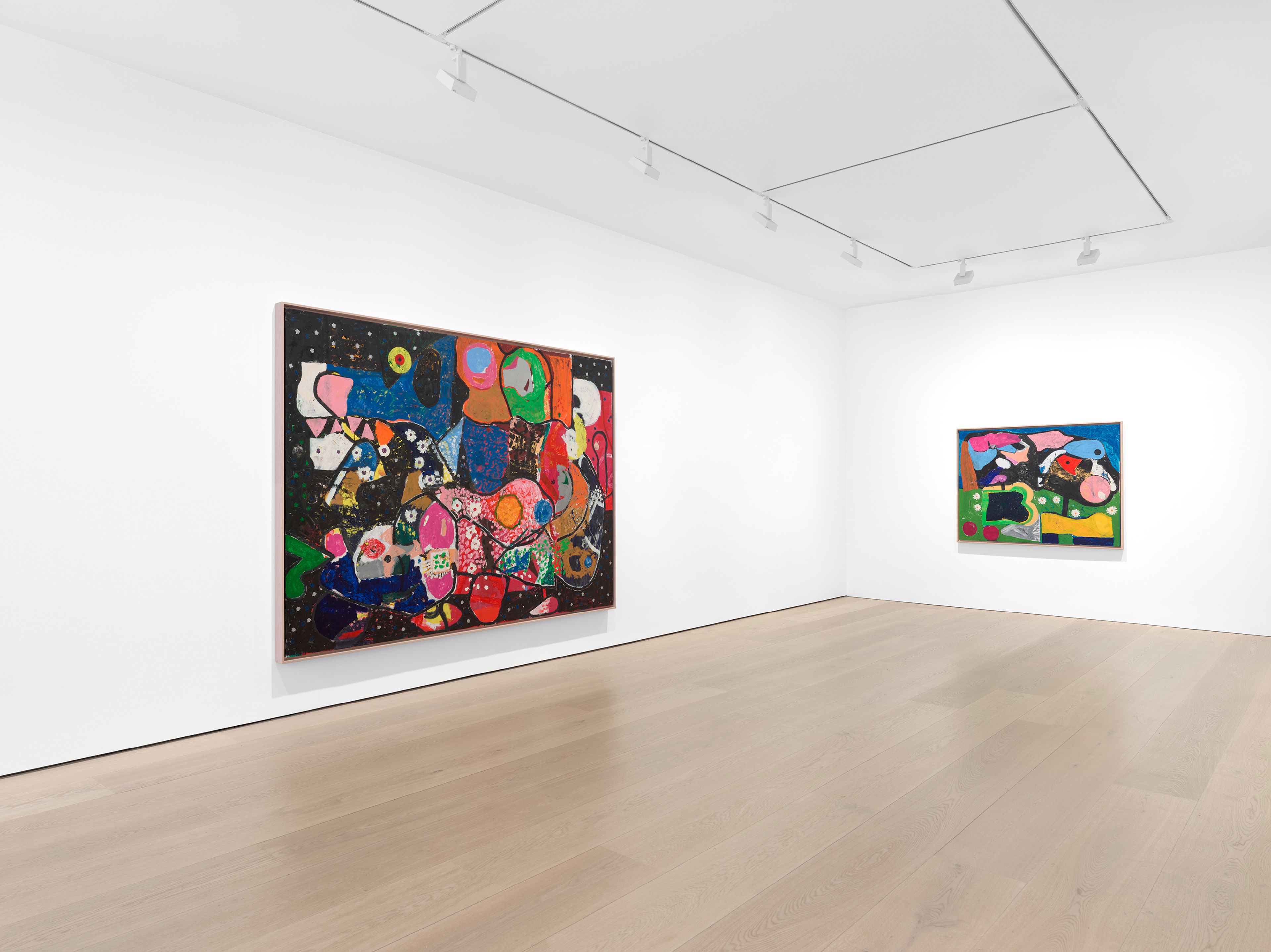 An installation view of the exhibition, Joe Bradley: Animal Family, at David Zwirner in London, dated 2025.