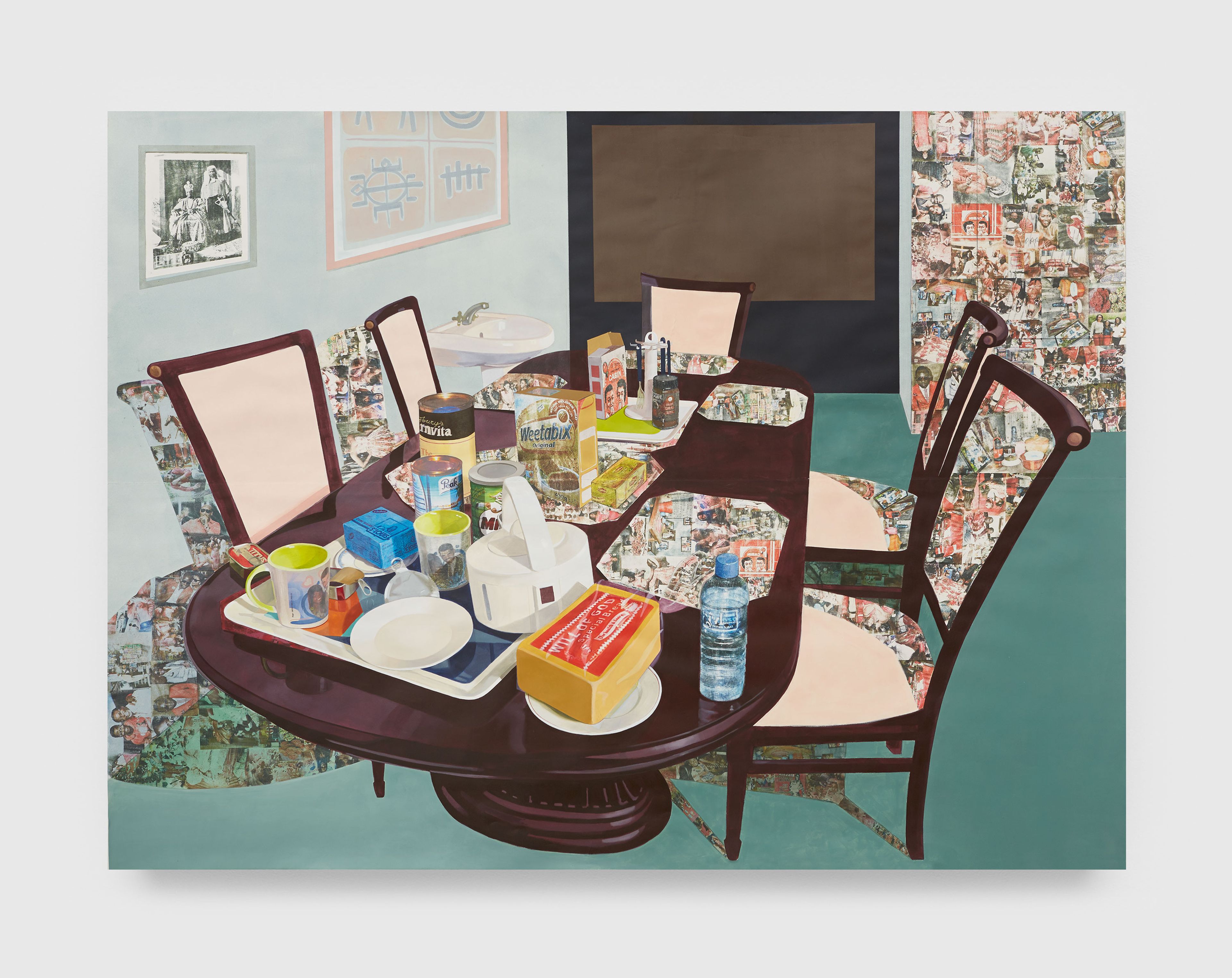 A painting by Njideka Akunyili Crosby titled Tea Time in New Haven, Enugu, dated 2013.