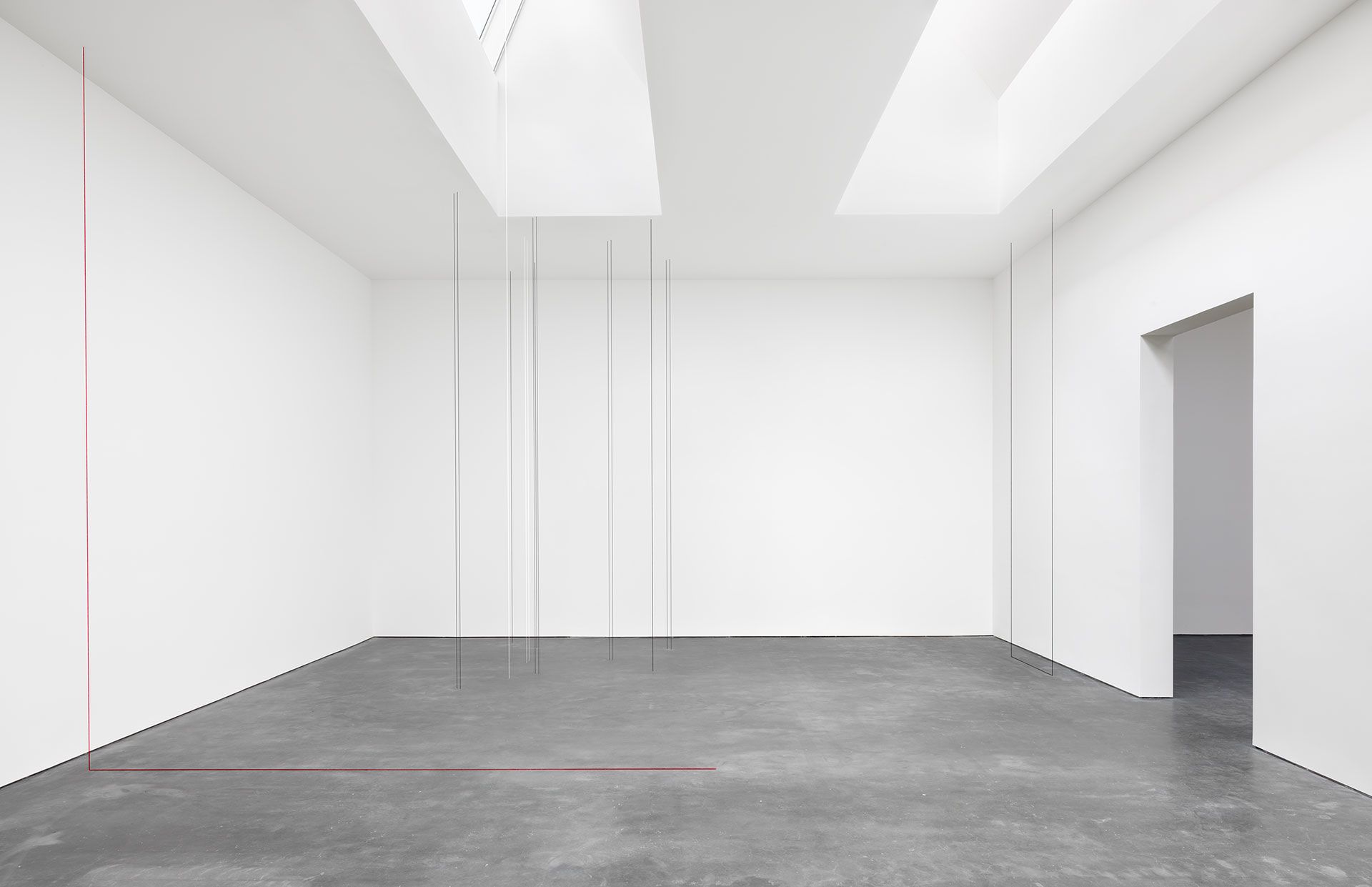 An installation view of the exhibition Fred Sandback: Vertical Constructions, at David Zwirner New York, dated 2016.