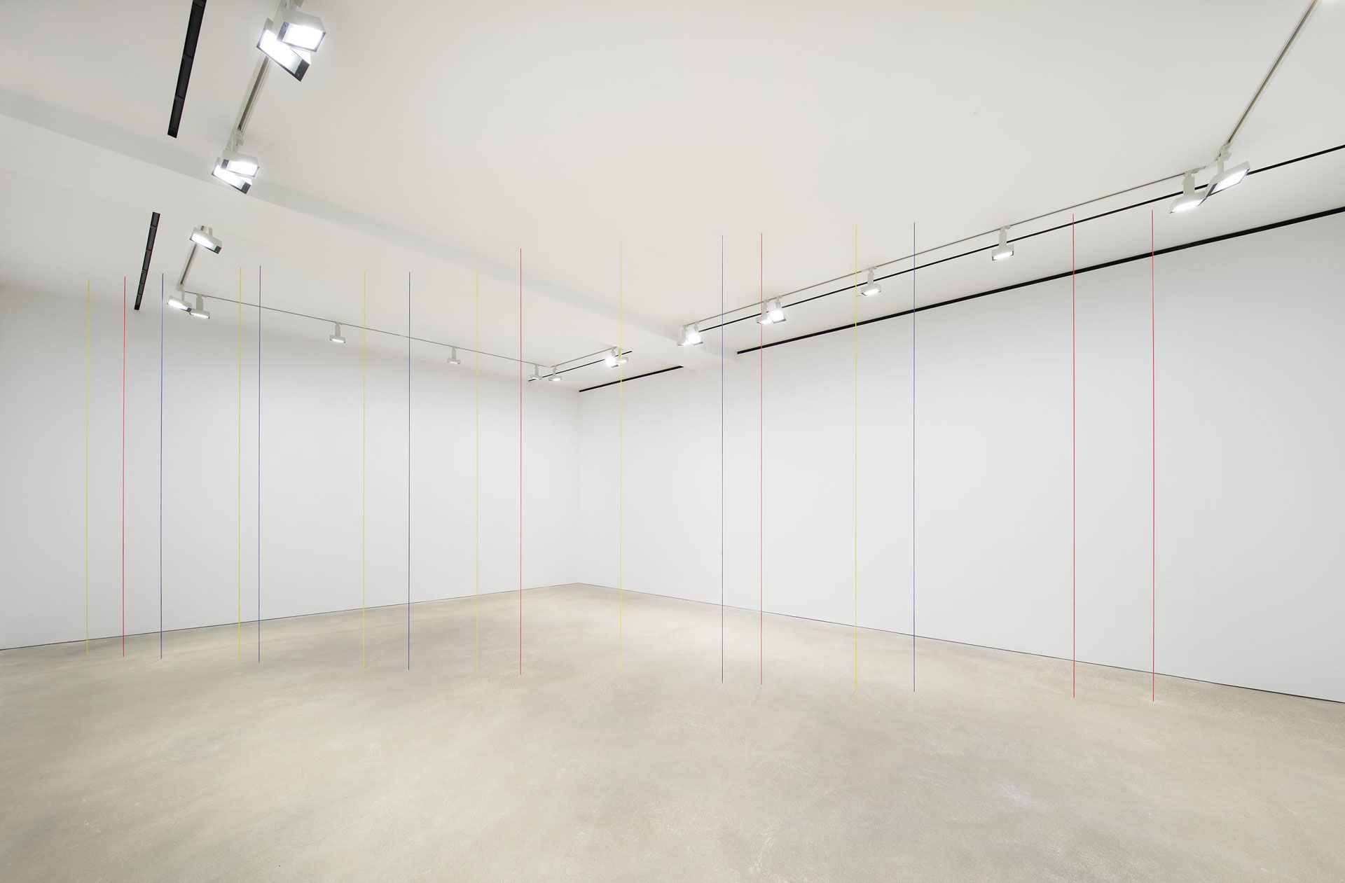 A sculpture by Fred Sandback, titled Untitled (Sculptural Study, Sixteen-part Vertical Construction), dated circe 1987 slash 2020.