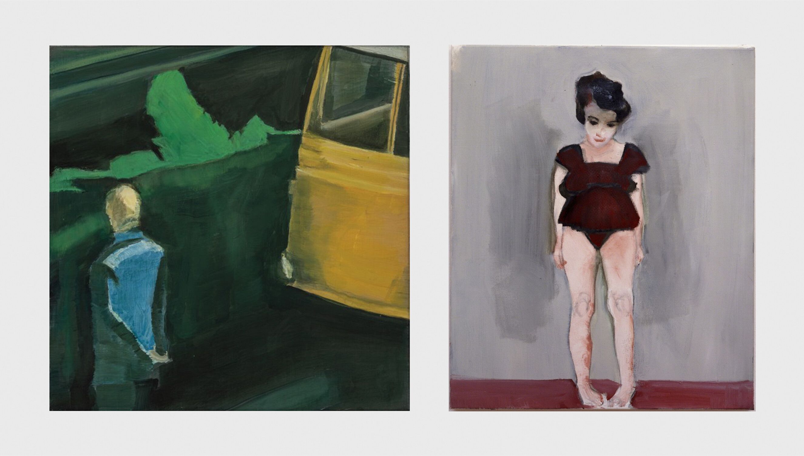 A painting by Luc Tuymans (left) and a painting by Marlene Dumas (right)