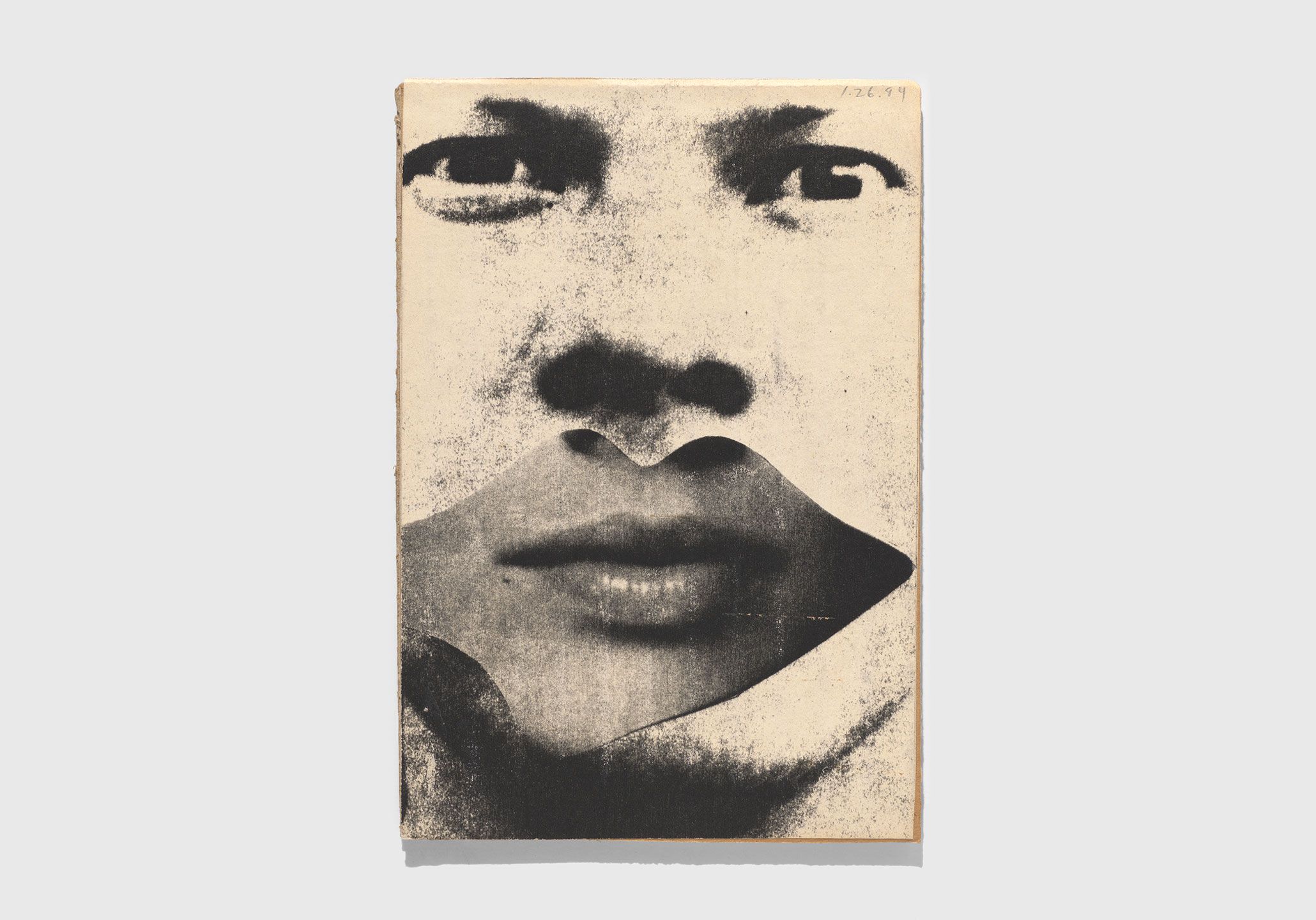 A collage on corrugated cardboard by Ray Johnson, titled Untitled (Self-portrait with Lips), dated 1994. 