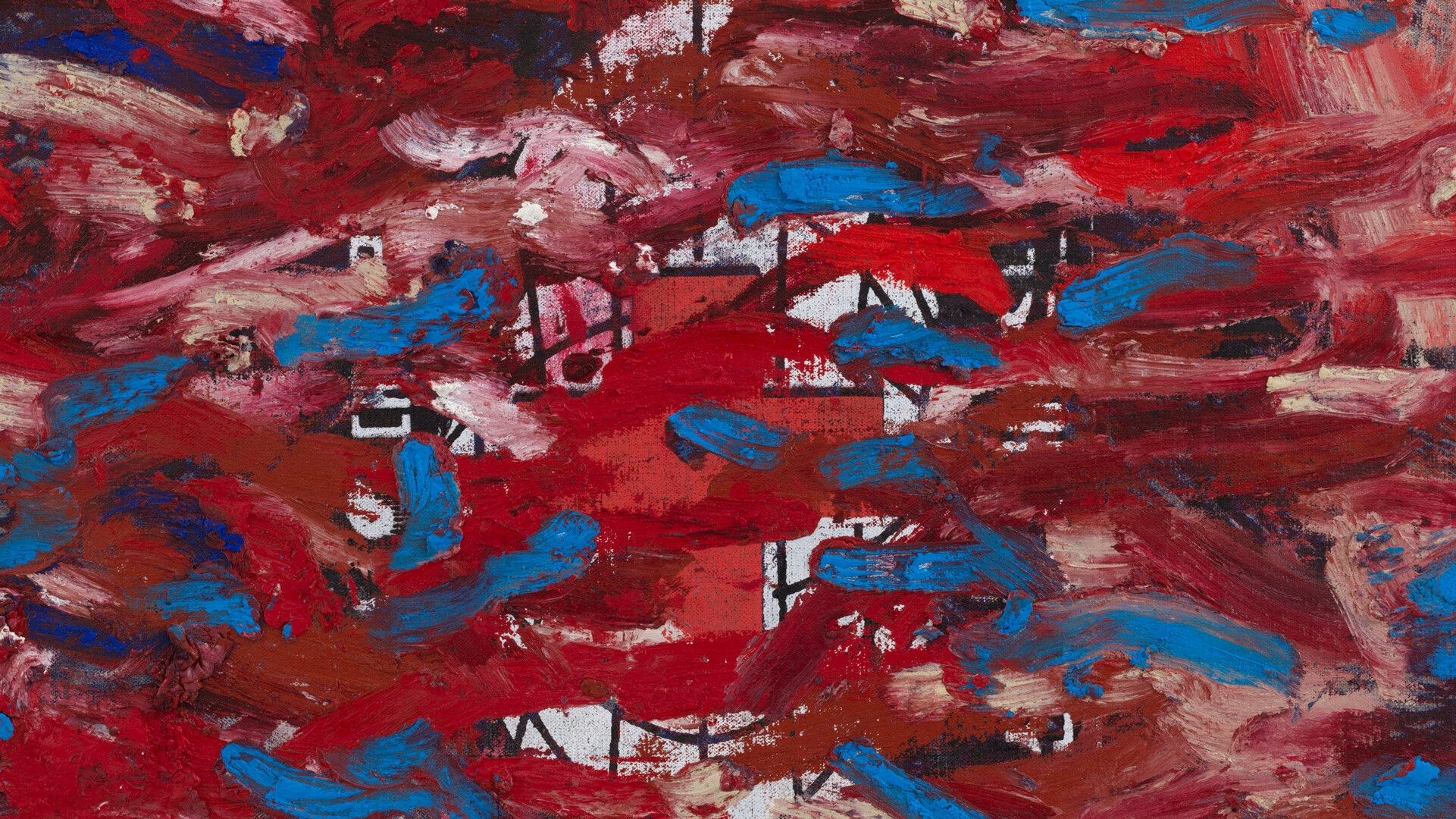 A detail of an oil and oil stick painting on canvas and linen by Oscar Murillo, titled (untitled) surge, dated 2019 to 2020.