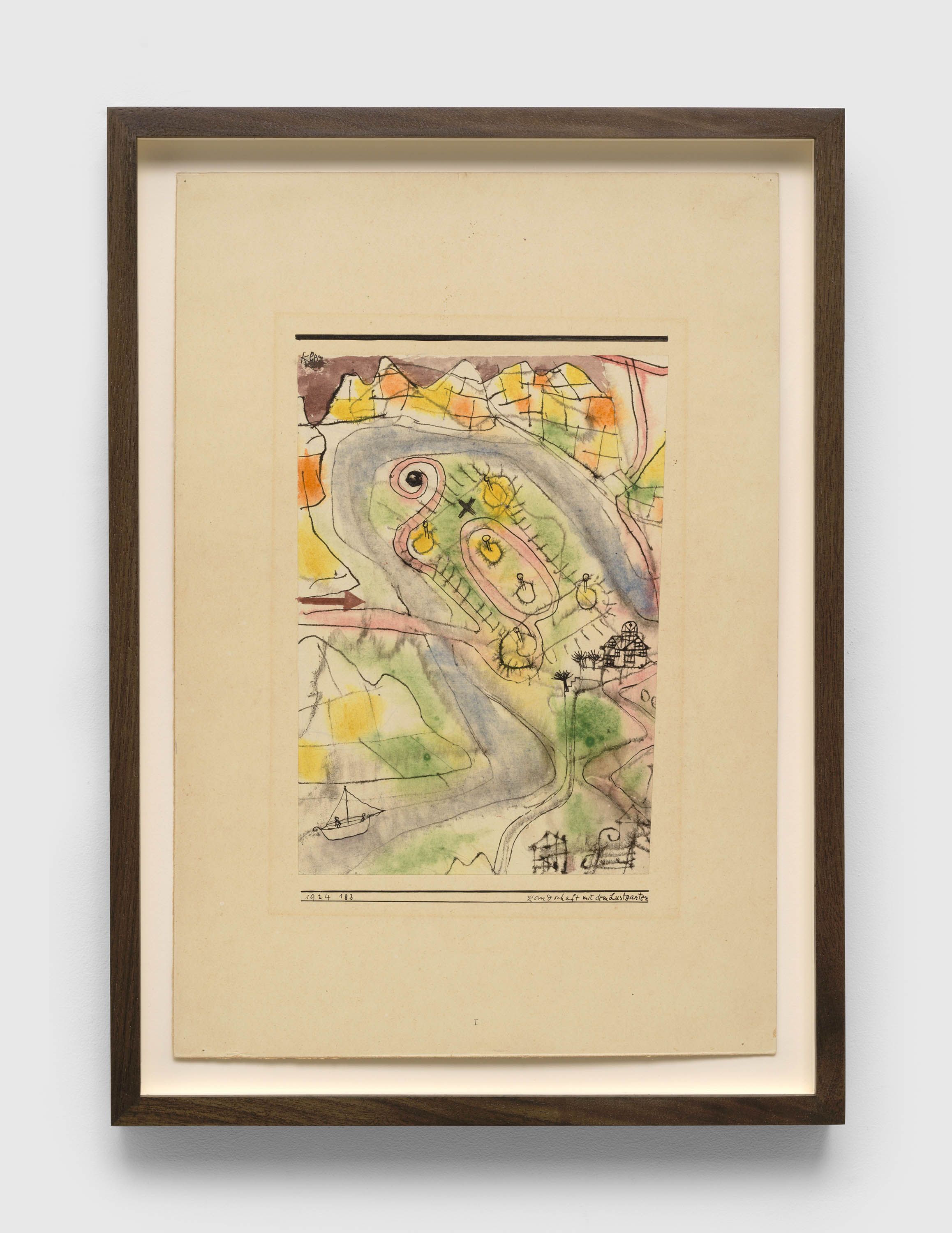 A work on paper by Paul Klee, titled Landschaft mit dem Lustgarten (Landscape with pleasure garden), dated 1924.
