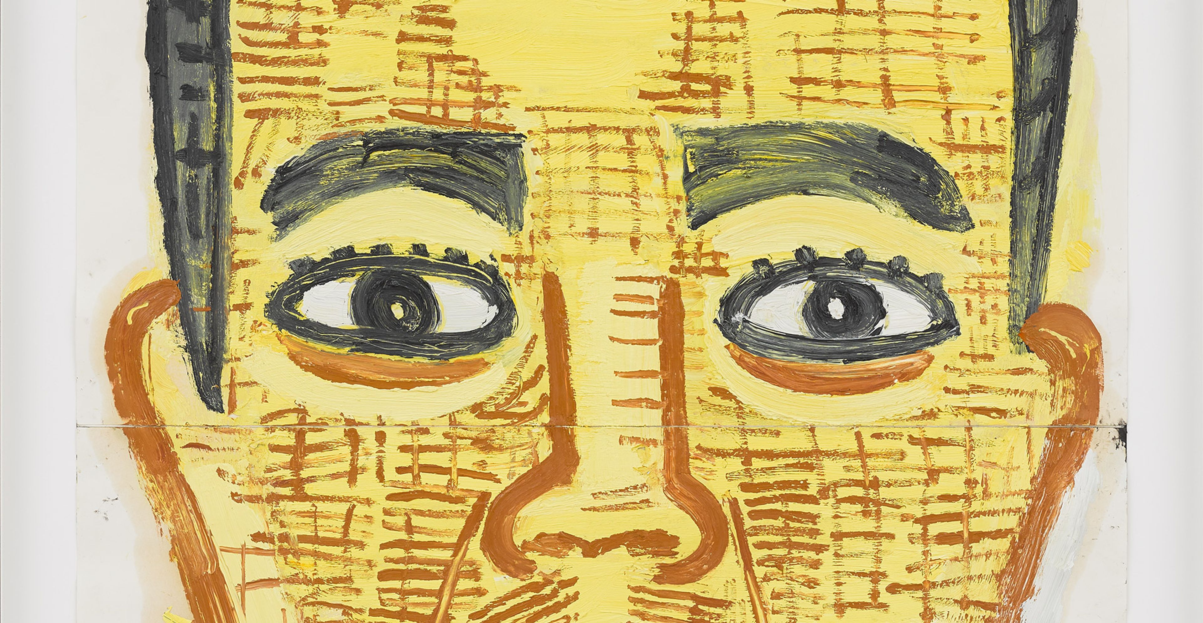 A detail from an artwork by Rose Wylie, titled Yellow Head VI, Soldier Boy, dated 2020.