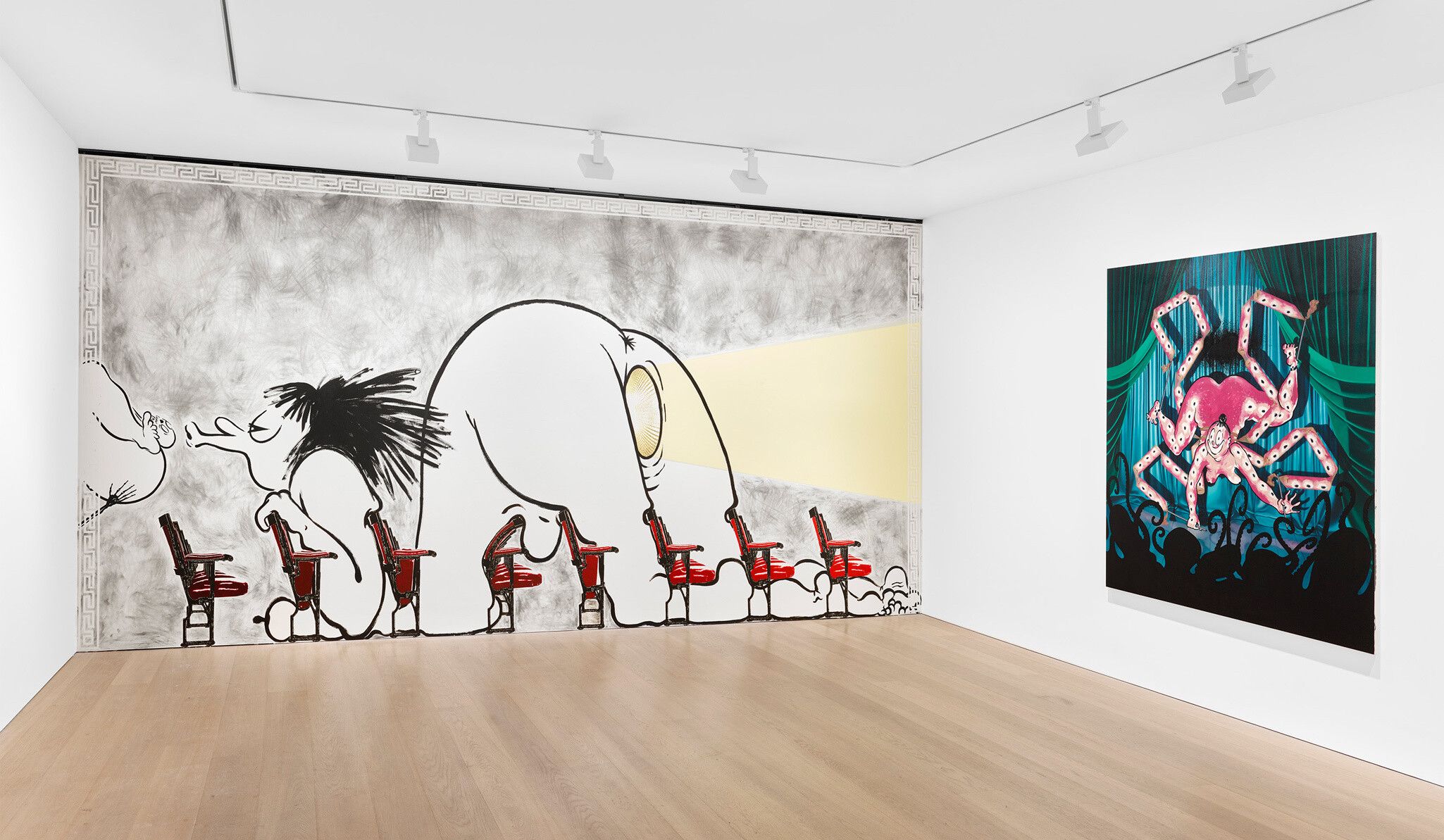 An installation view of an exhibition titled Ebecho Muslimova: Fatebe Digest at David Zwirner, London, in 2021.