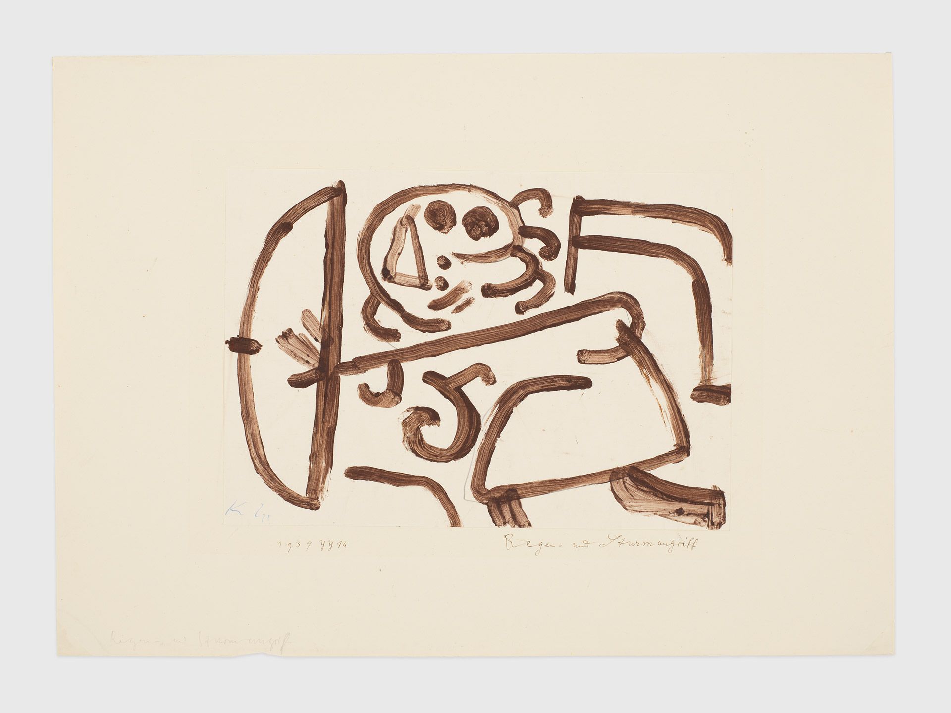 A work on paper on cardboard by Paul Klee, titled Regen=und Sturmangriff (Rain and storm attack), dated 1939.