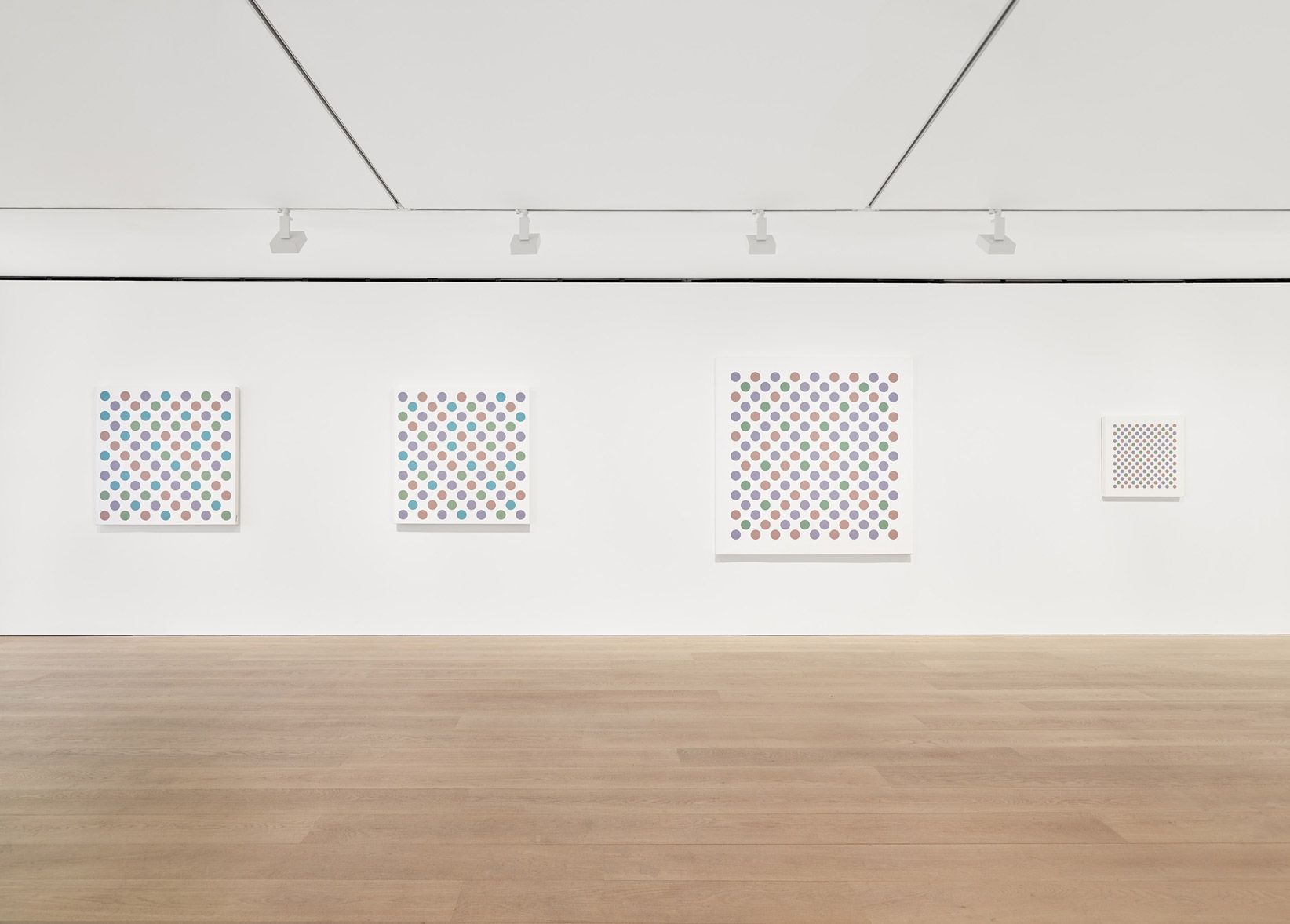 An installation view of the exhibition Bridget Riley: Past into Present at David Zwirner in London, dated 2021.