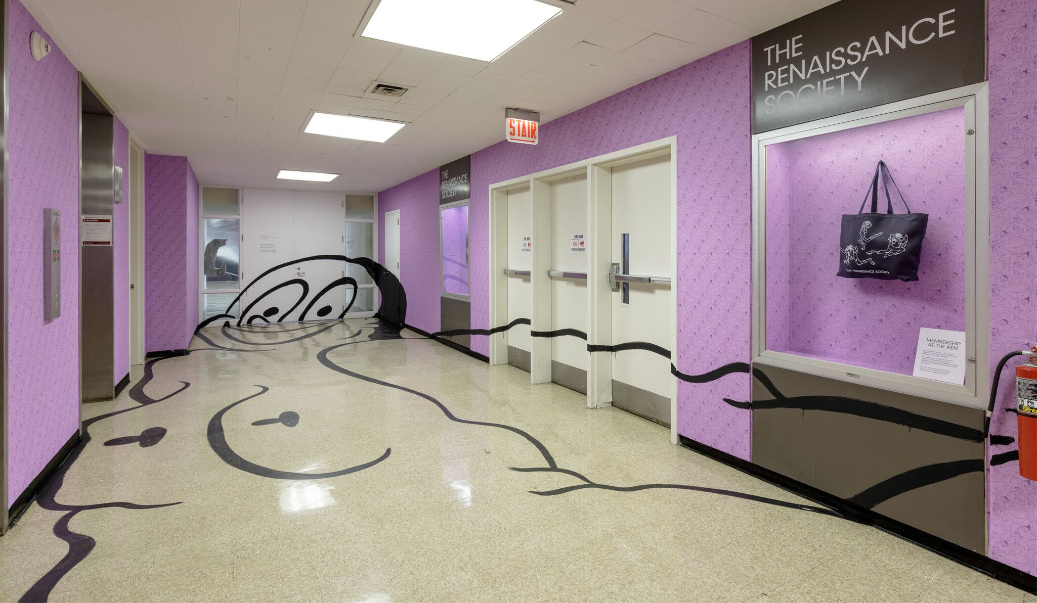 An installation view of a work by Ebecho Muslimova, titled FATEBE BIG SQUEEZE AT COBB HALL, dated 2021 at the exhibition titled Smashing Into My Heart, Renaissance Society at the University of Chicago, 2021. Photo by Useful Art Services.