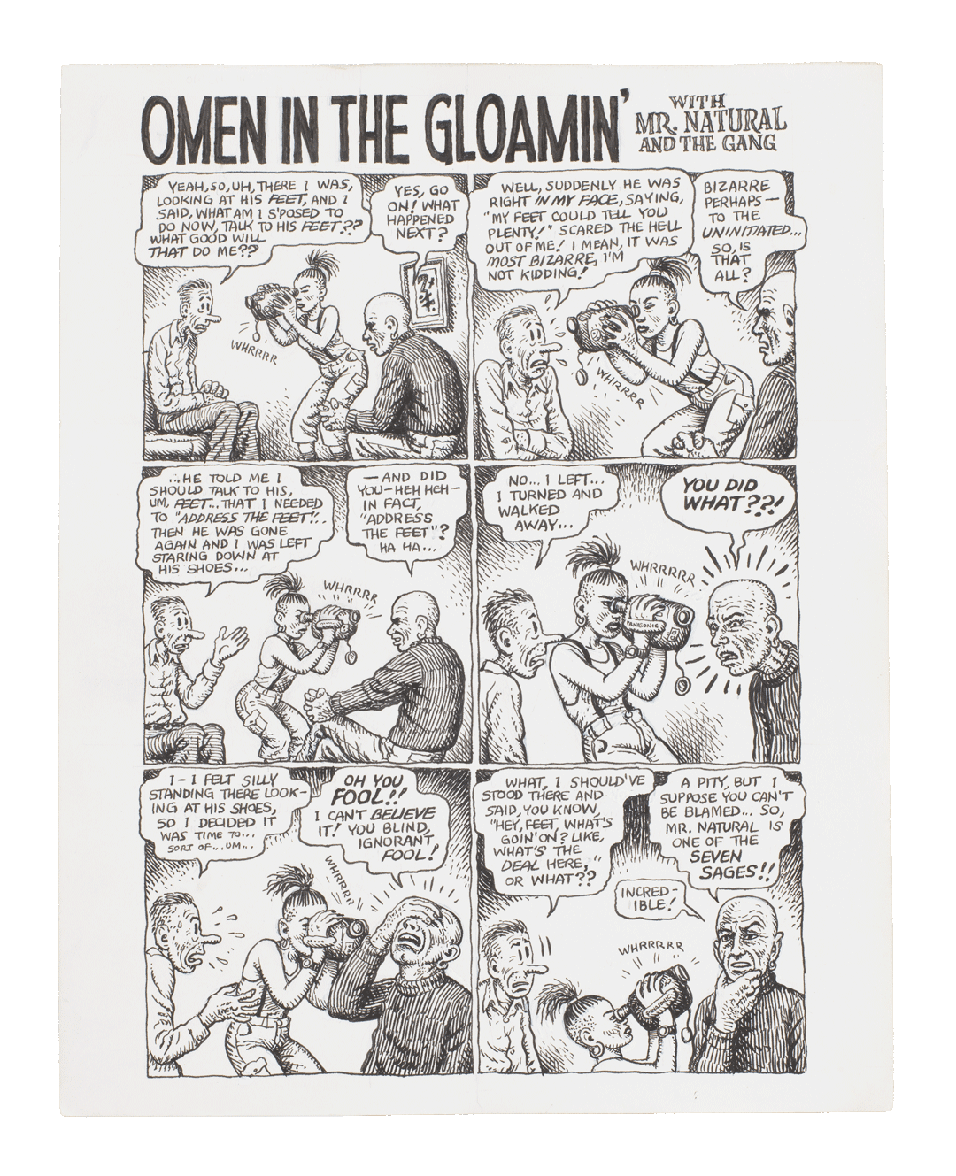 A drawing by R. Crumb, titled Mystic Funnies #1: Omen in the Gloamin with Mr. Natural and the Gang, dated circa 1997.