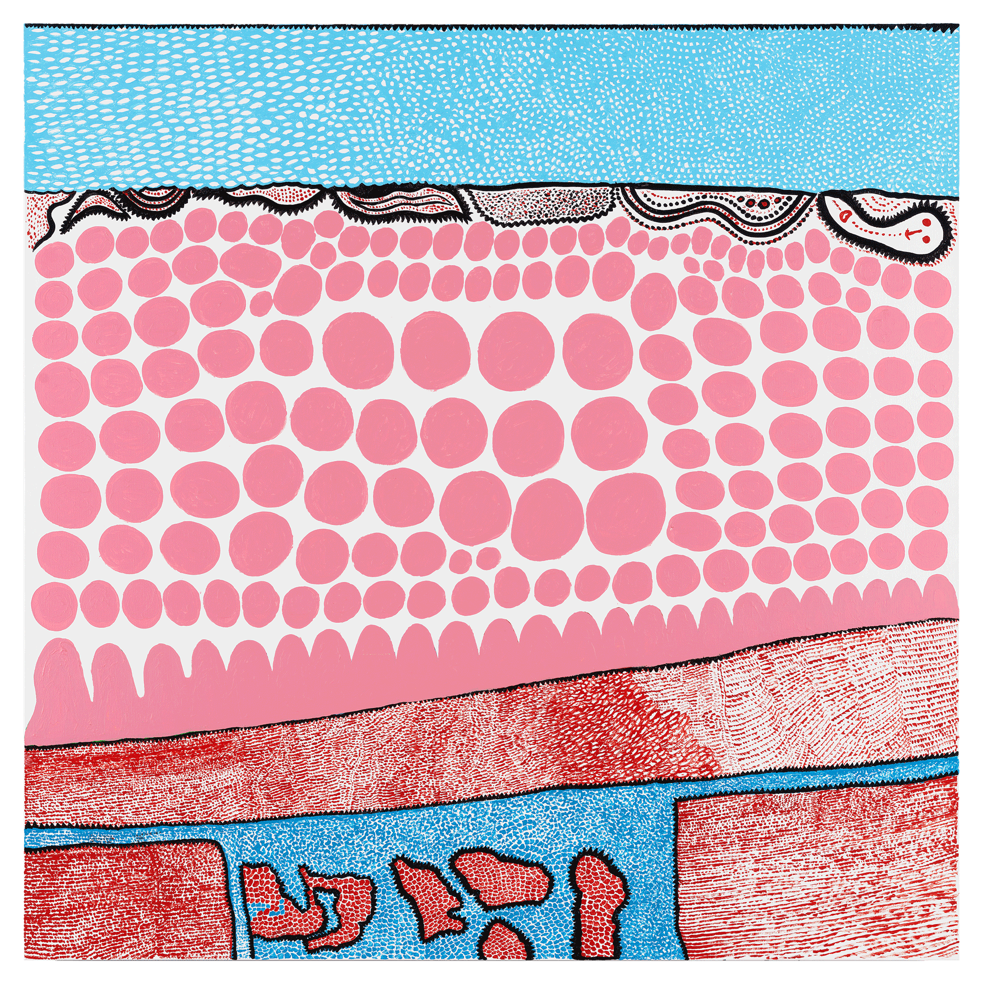 A painting by Yayoi Kusama, titled I Want To Go Back To My Hometown, dated 2016.