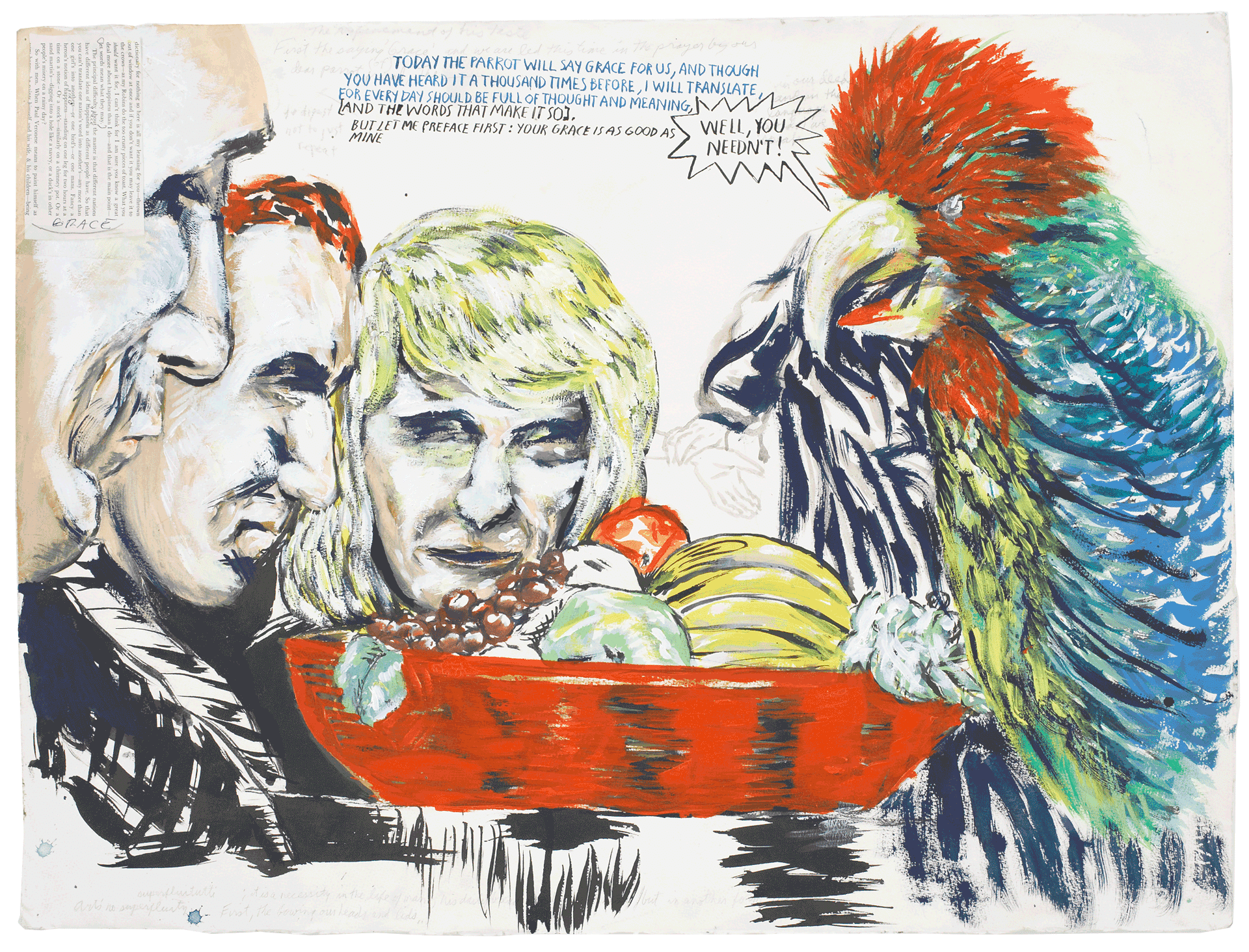 A mixed media work on paper by Raymond Pettibon, titled No Title (Today the parrot. . .), dated 2007.