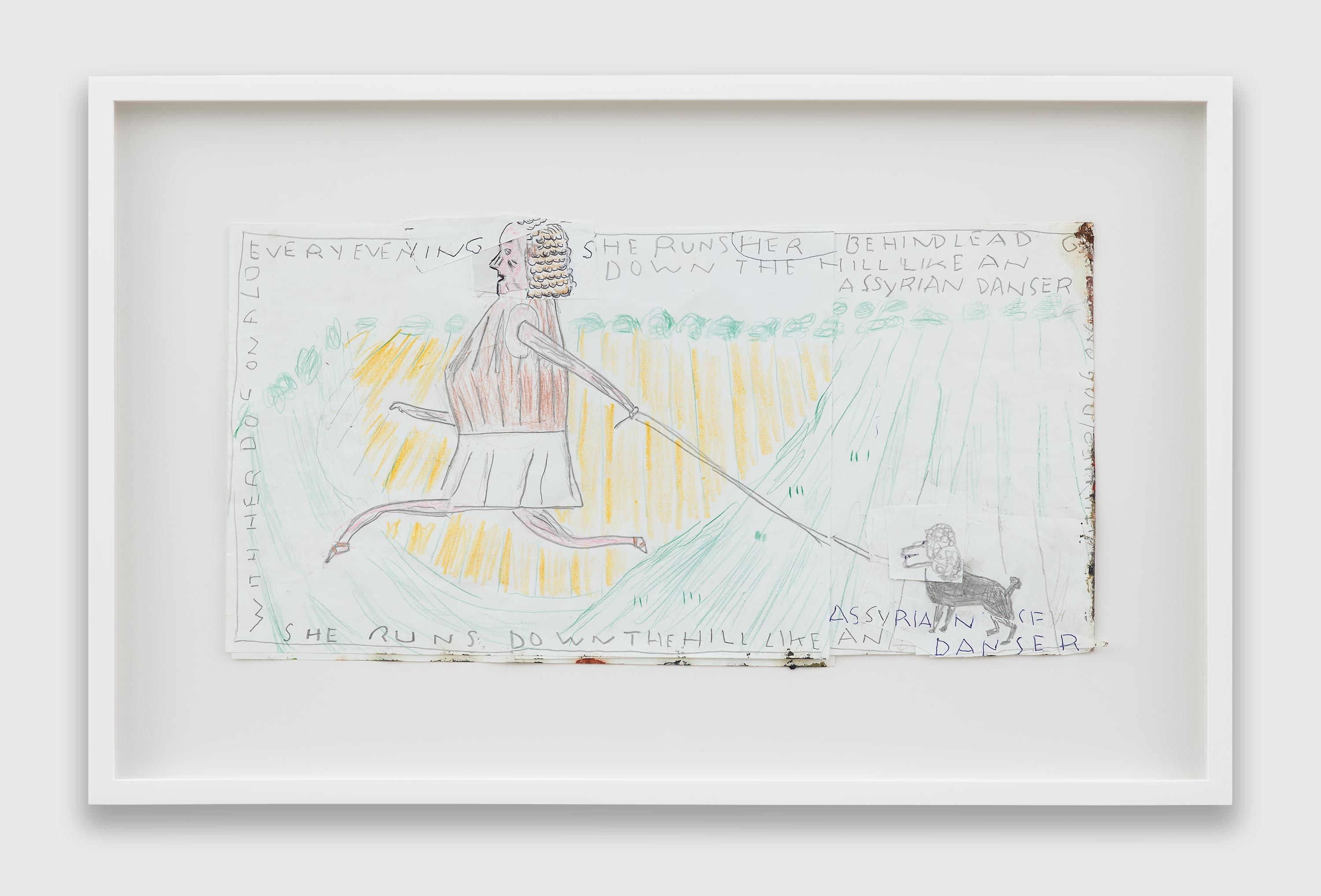 A work on paper by Rose Wylie, titled She Runs Down the Hill like an Assyrian Dancer, dated 2021.