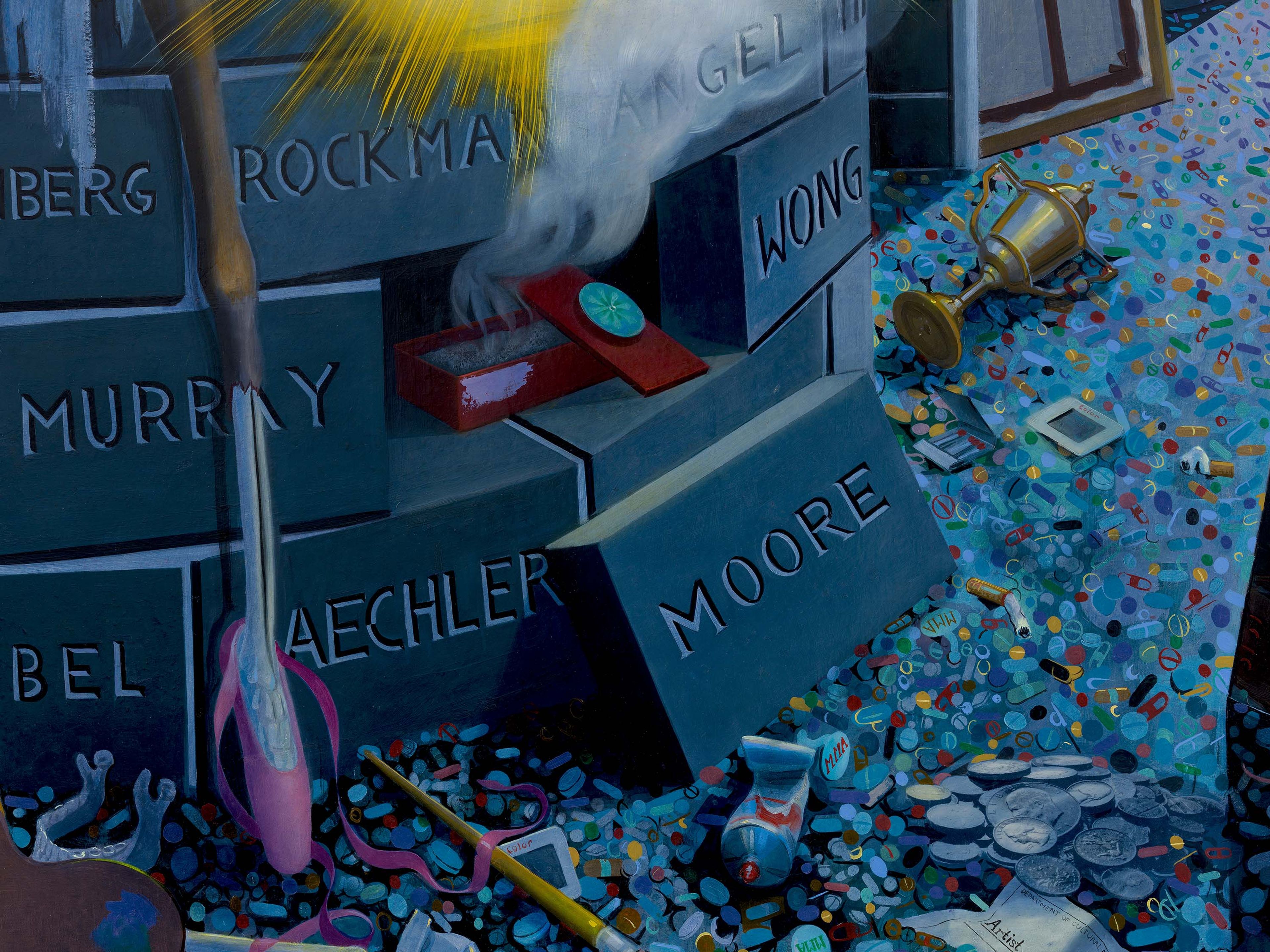 A detail from a painting by Frank Moore, titled The Curators, dated 1996.