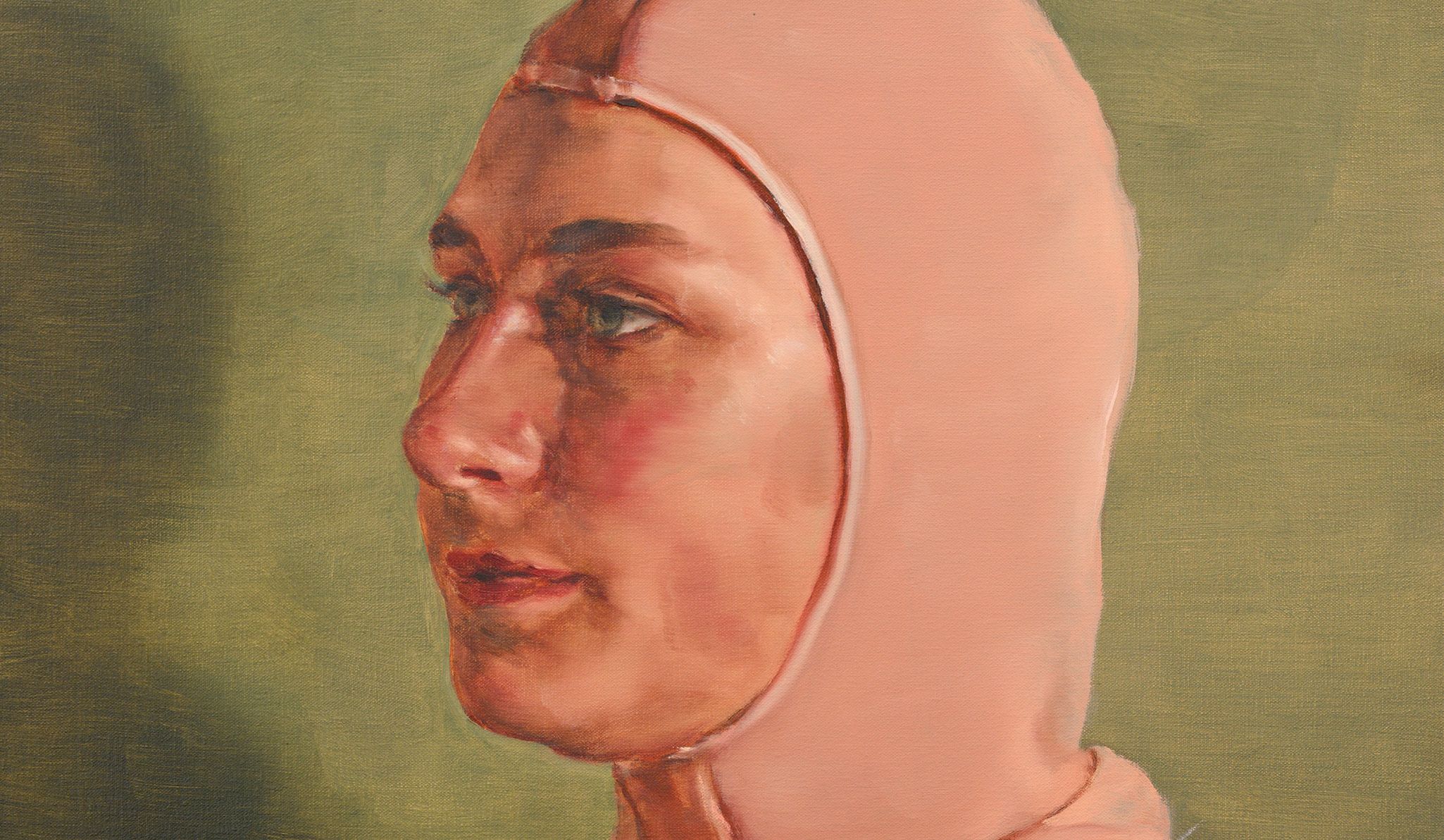 A detail of a painting by Michaël Borremans titled The Acrobat, dated 2021