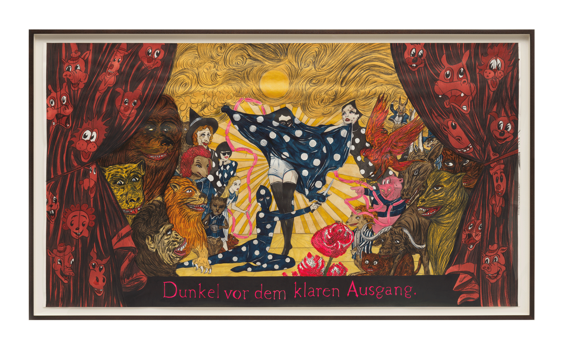 A work on paper by Marcel Dzama, titled Dark before the bright exit, dated 2018.