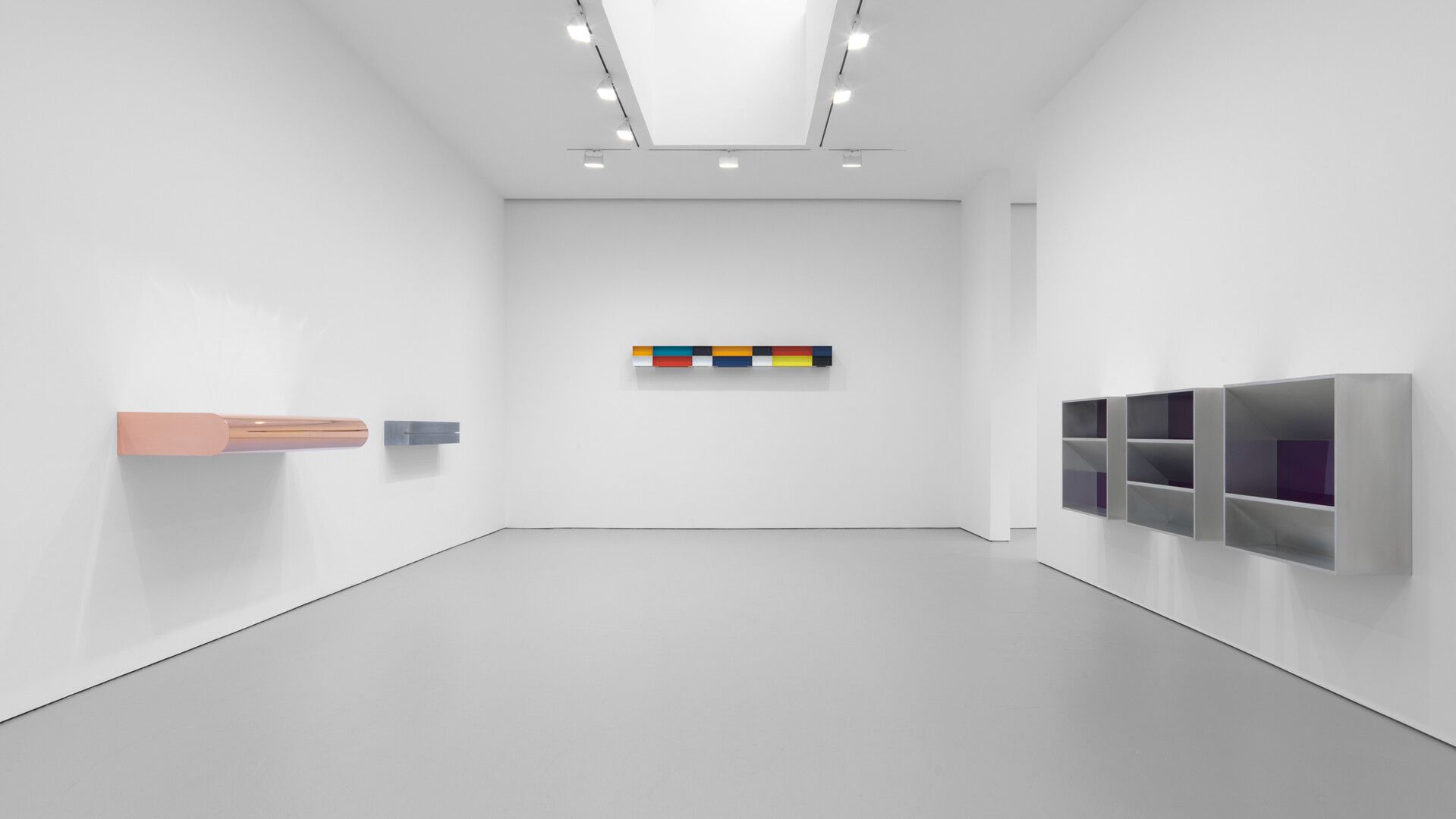 An installation view of the exhibition Donald Judd Artworks: 1970-1994, at David Zwirner, New York, dated 2020.