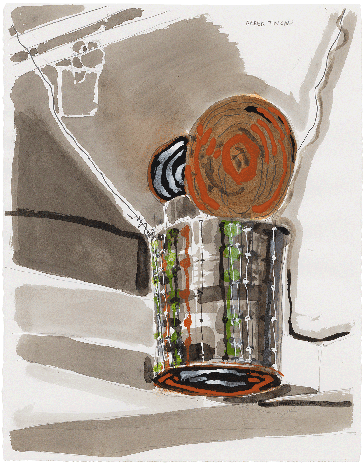 A drawing by Al Taylor, titled Greek Tin Can, dated 1994.