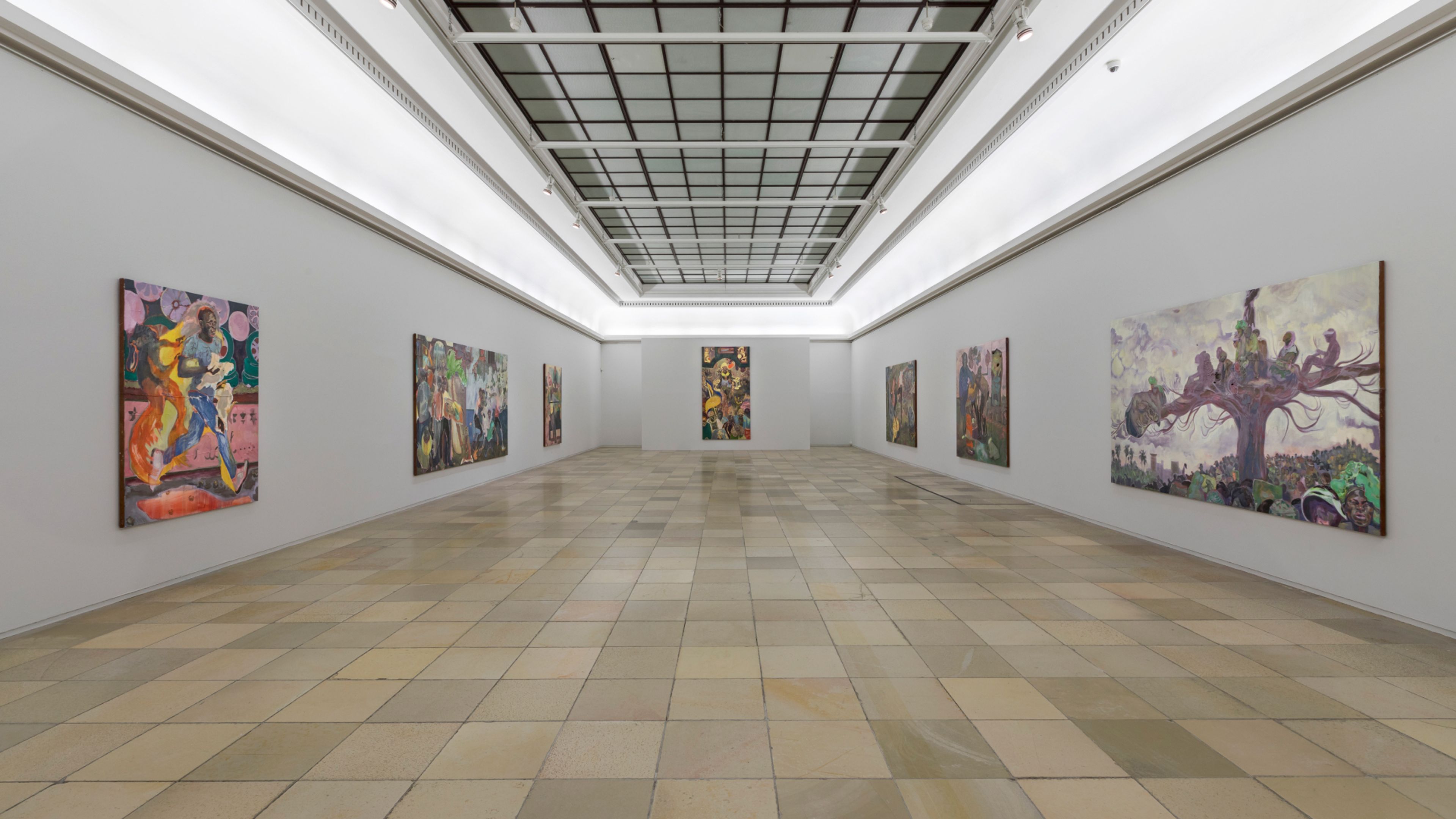 Installation view of the exhibition, Michael Armitage: Paradise Edict, at Haus der Kunst in Munich, dated 2020.