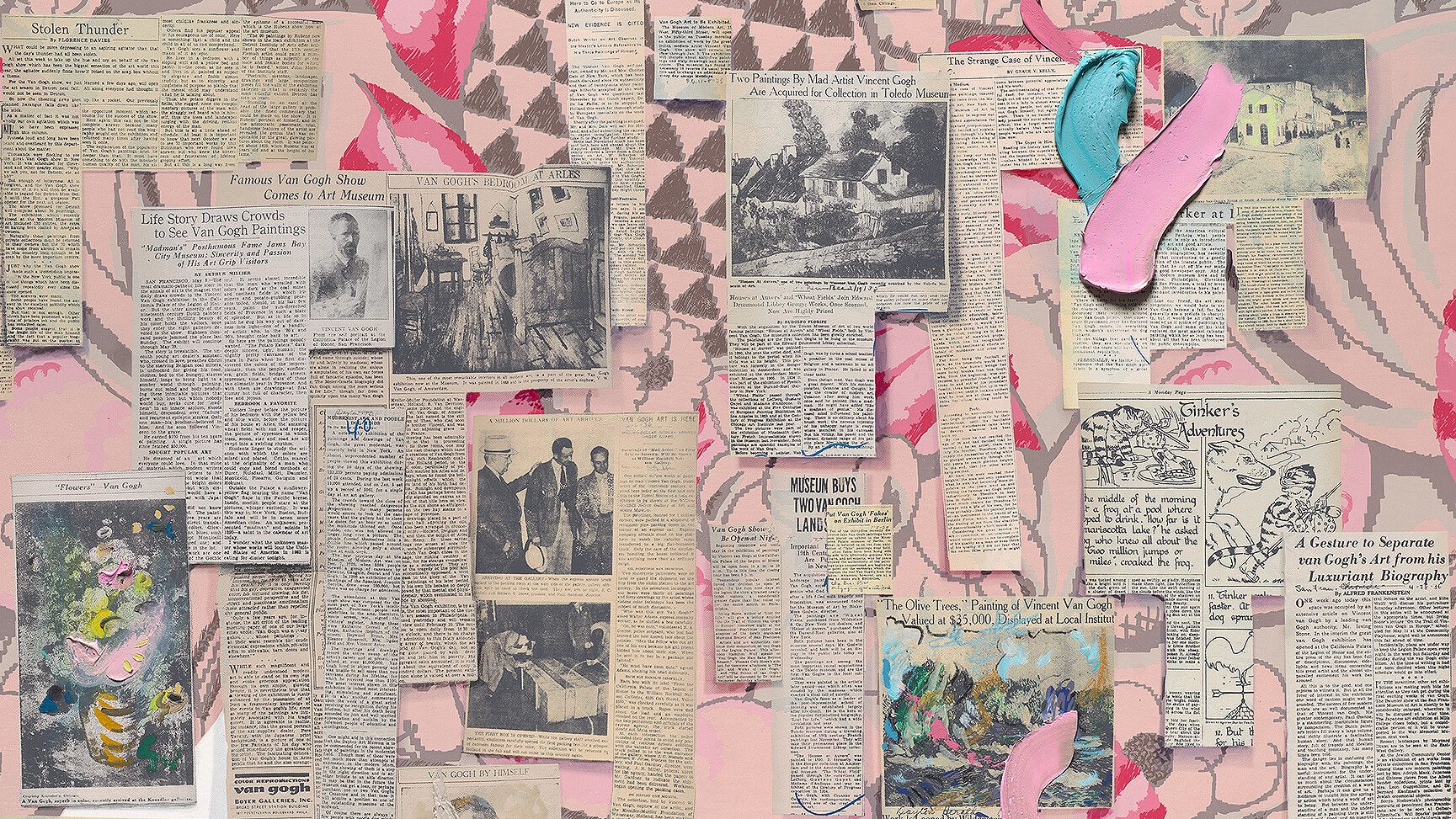 A detail of a painting by Laura Owens titled Untitled, dated 2021.
