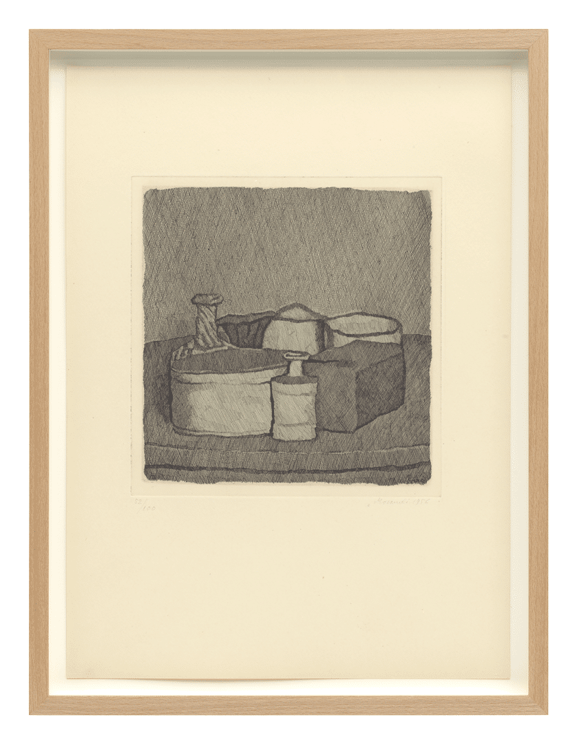 An etching on paper by Giorgio Morandi, titled Natura morta con quattro oggetti e tre bottiglie (Still life with four objects and three bottles), dated 1956.