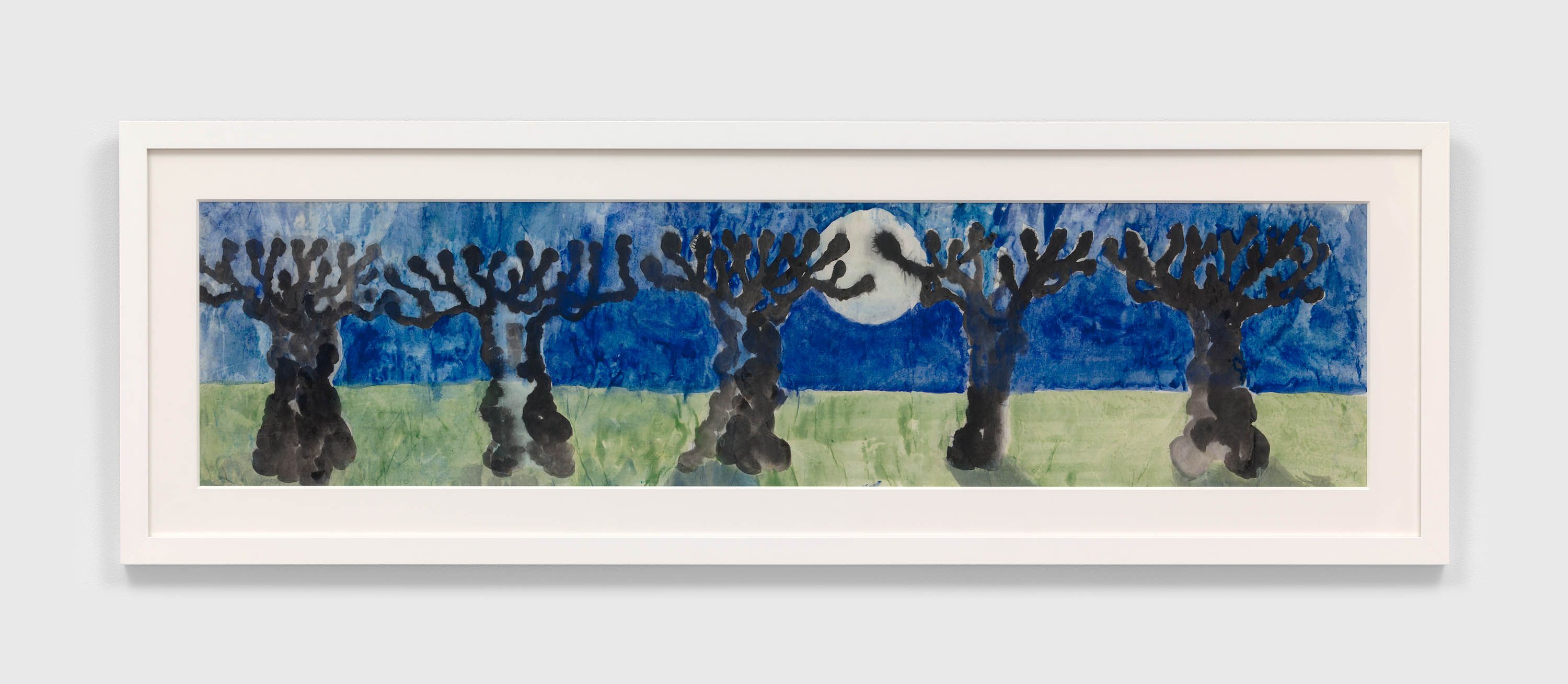 A brush and colored ink on rice paper artwork by Ruth Asawa, titled Untitled (PT.133, Five Plane Trees with Moon), circa 1964.