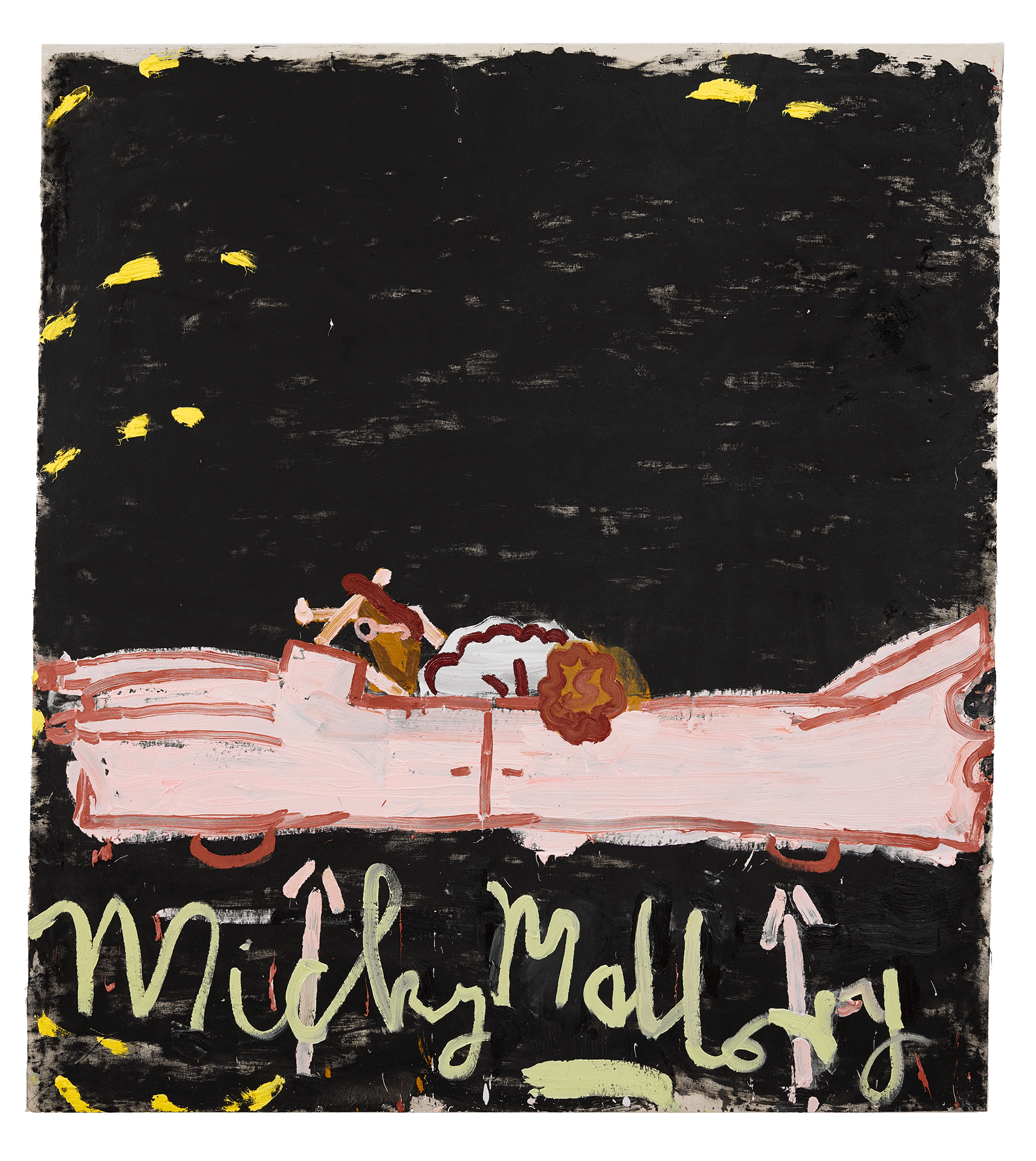 A painting by Rose Wylie, titled Natural Born Killers, Long-shot (Film Notes), dated 2018. 